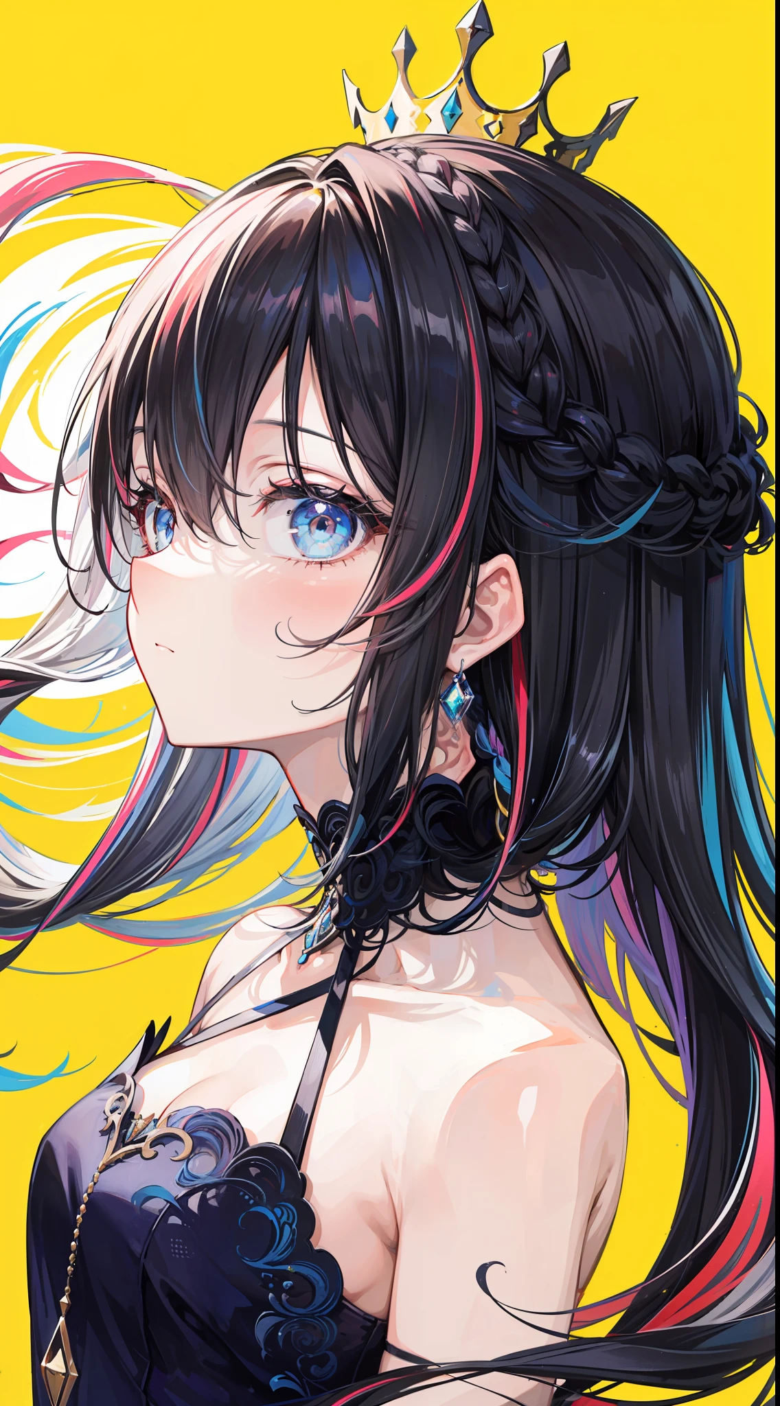 (portrait, side view, looking at viewer:1.3), rainbow color combinations, masterpiece, 8k wallpaper, absurdres, best quality, dynamic angle, cinematic lighting, 1girl, (small breasts), cute, delicate, (black hair, pink streaks:1.3), (halter dress, sky blue dress:1.32), long hair, hair between eyes, sidelocks, crown braid, diadem, show shoulders, extremely reflective eyes, (extremely plain background, solid color background, yellow background:1.1)