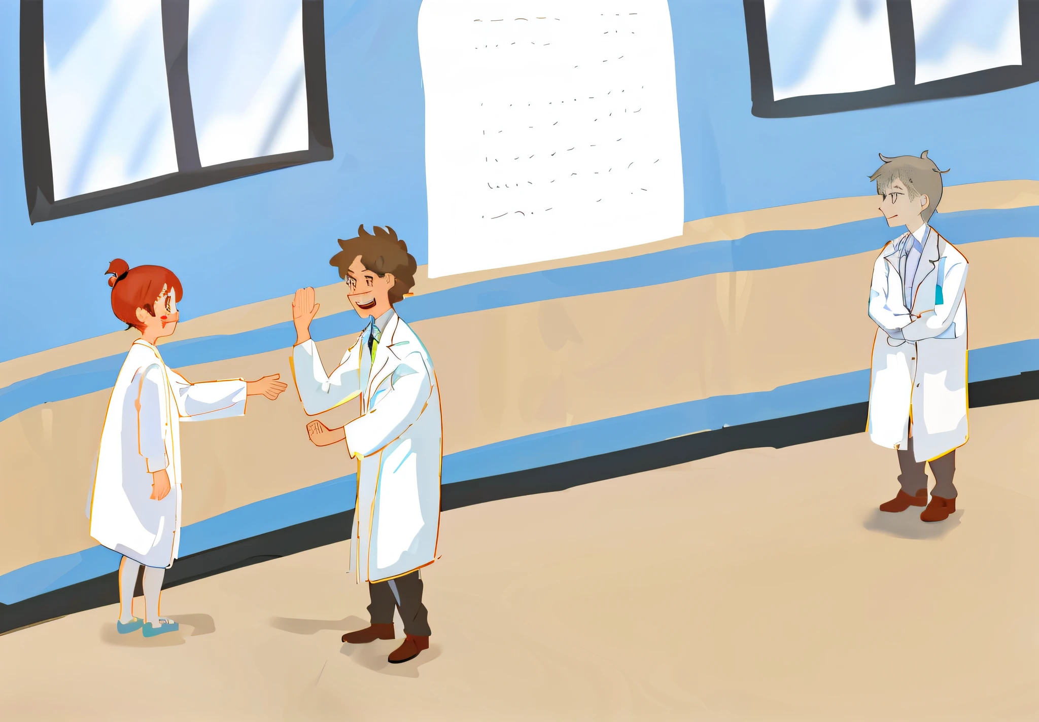 Caricature of two doctors shaking hands in front of a blue wall, Wearing a lab coat, Kids walking with mad scientists, stood in a lab, With a lab coat, wearing a lab coat, wikihow illustration, in a lab, wearing a lab coat, wearing a white lab coat, indoor lab scene, wikihow, wearing lab coat and a blouse, cinematics
