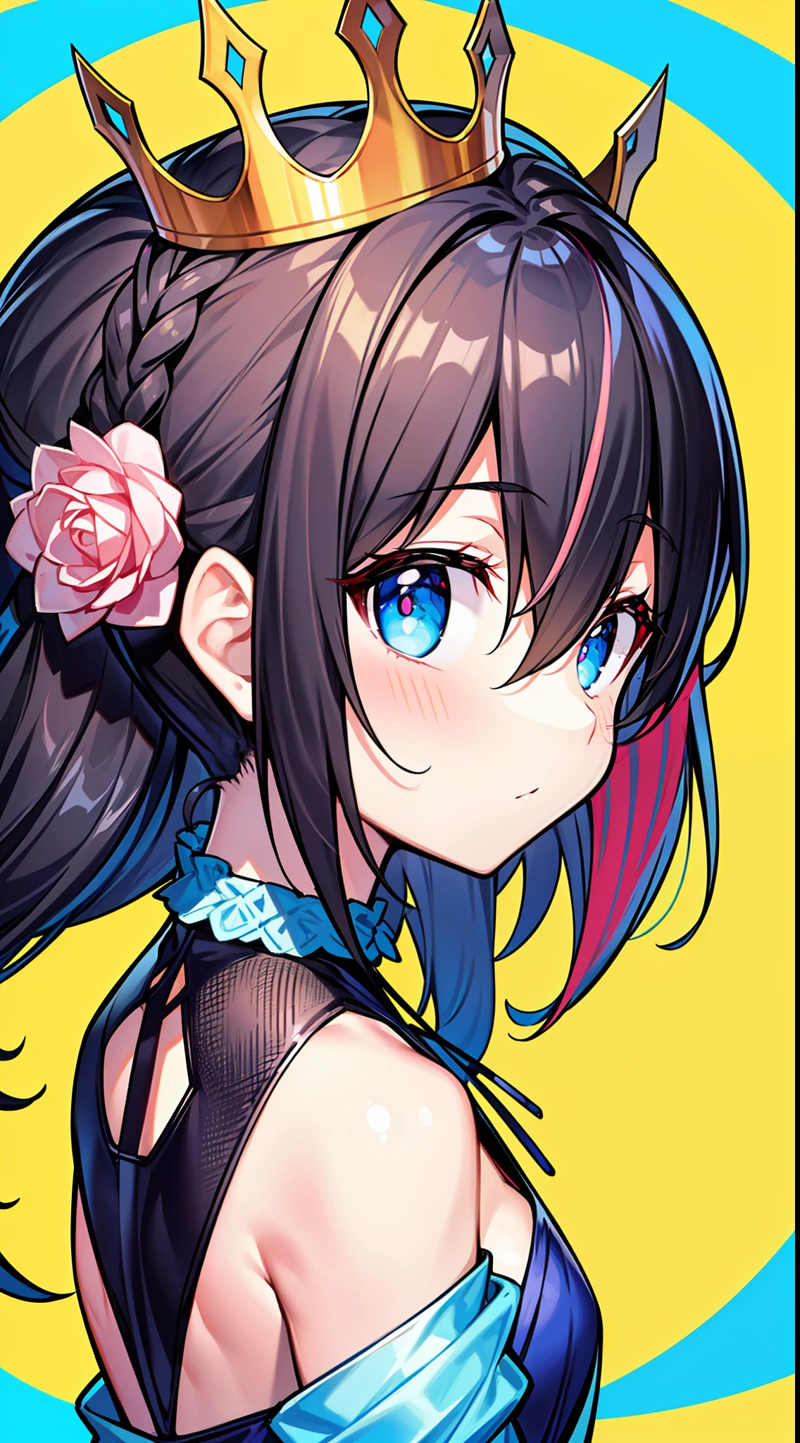 (portrait, side view, looking at viewer:1.3), rainbow color combinations, masterpiece, 8k wallpaper, absurdres, best quality, dynamic angle, cinematic lighting, 1girl, (small breasts), cute, delicate, (black hair, pink streaks:1.3), (halter dress, sky blue dress:1.32), long hair, hair between eyes, sidelocks, crown braid, diadem, show shoulders, extremely reflective eyes, (extremely plain background, solid color background, yellow background:1.1)