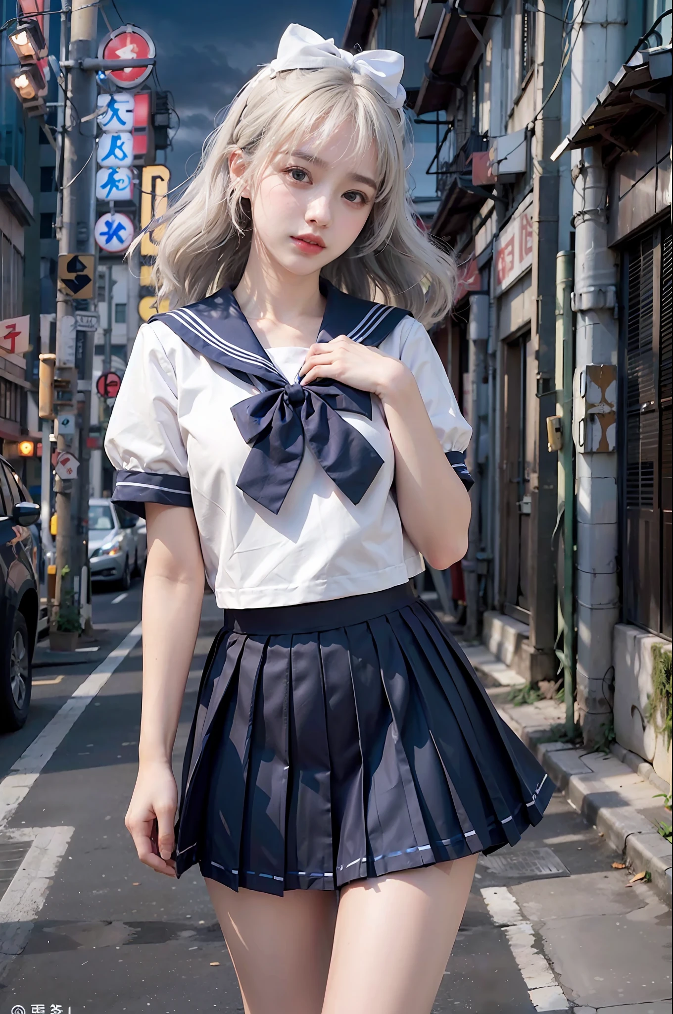 (8k, RAW photo, best quality, masterpiece:1.3),(realistic,photo-realistic:1.37),(night),(looking at viewer:1.331),(white hair),posing,Tokyo street,nightcityscape, cyberpunk city,soft light,1girl,extremely beautiful face,bust,put down hands,Random hairstyle,Random expression,big eyes, ,lower abdomen,(lshort-sleeved JK_sailor),JK_style,(dark blue JK_skirt) ,(bow JK_tie),mix4