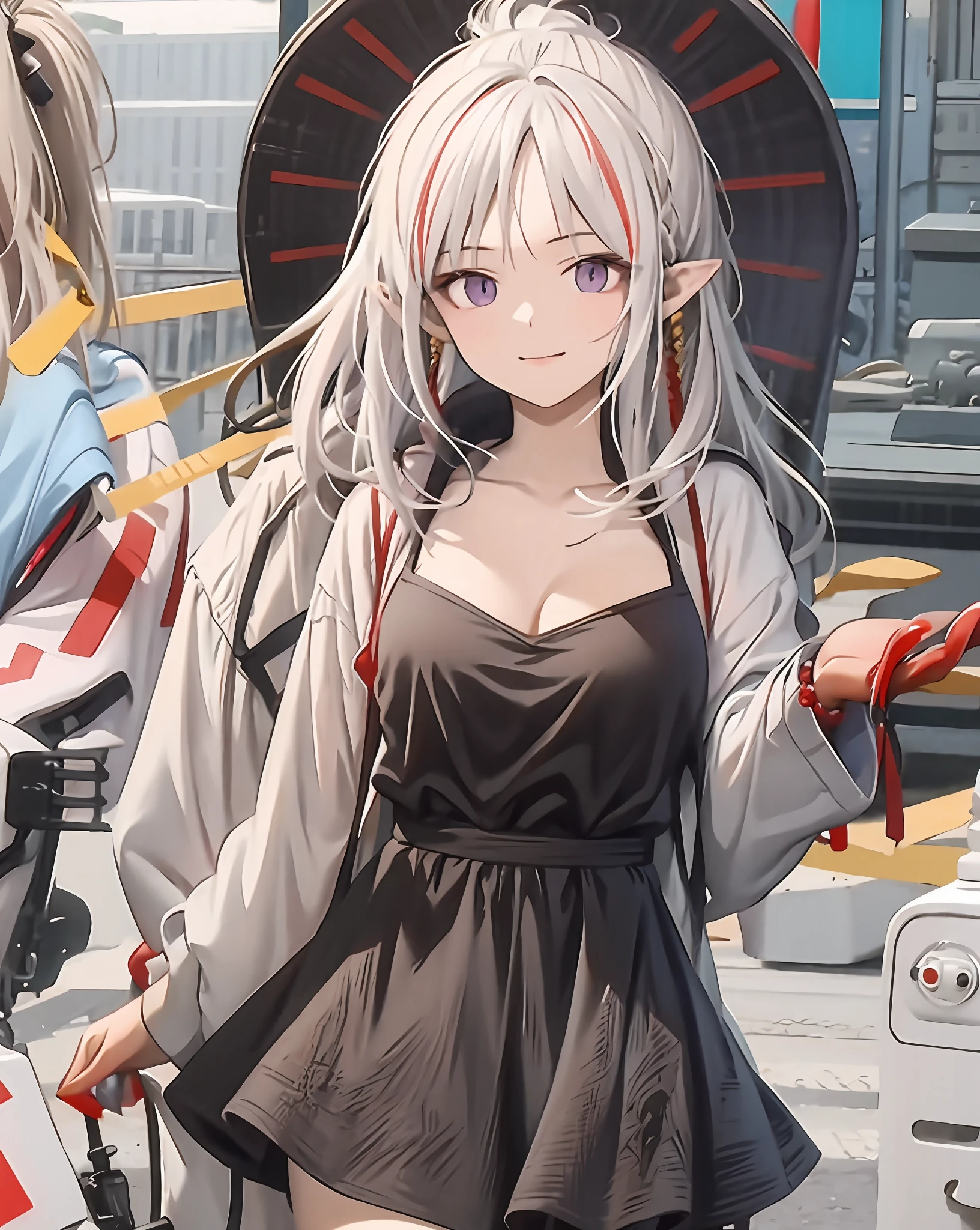 A girl in a short black dress, Anime style. 8K, Petite body cute,Impeccable,white hair floating in air, loli in dress,Cute anime girl in beautiful clothes, loli in dress, Fine details. Girl front, Anime girl wearing black dress, style of anime4 K, trending on artstation pixiv, Perfect white haired girl,nedium breasts,cleavage,simply white background