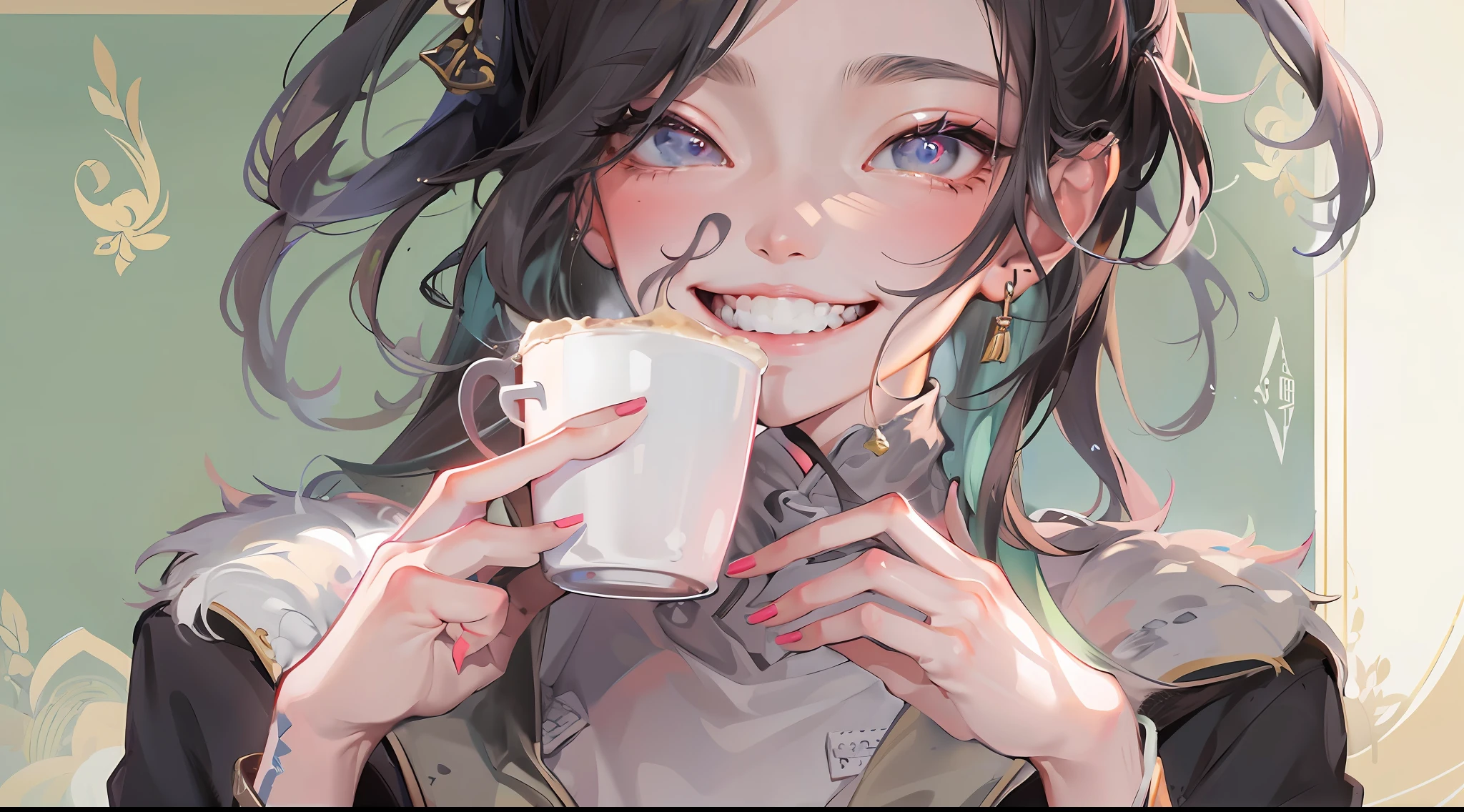 /imagine prompt: Wu Jie grits her teeth, with an exaggerated smile on her face, and her long nails leave a scratch on the cup. by Manhua --niji 5