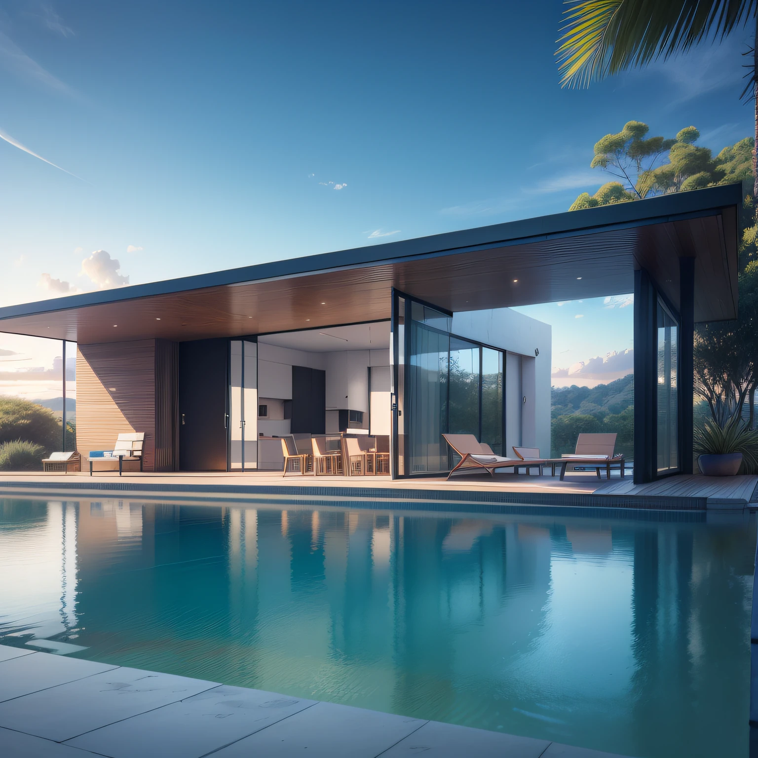 Arquitectura de uma  casa moderna futurista, casa de luxo na ilha das Seischeles, turquoise water, Rocks at the water's edge, areia branca, arquitectura de uma moderna, Arquitetura futurista, arquitetura Zaida Hadid, pequena casa de concreto branco com paredes de madeira, arquitectura com muito vidro, casa com madeira e vidro, grande piscina estreita a entrar pelo mar, arquitectura encaixada na floresta tropical, arquitectura estilo maldivas  ilha das Seicheles, praia tropical, a digital rendering, renderizado, muito detalhe, 8k Joao Salvador, ((obra-prima, melhor qualidade)), 8k, estilo de arquitetura moderna, Foto realista, David Chipperfield, foto hiper detalhada, single box, A 3D digital rendering of a building, glass building, Leansflare, body of water, night time