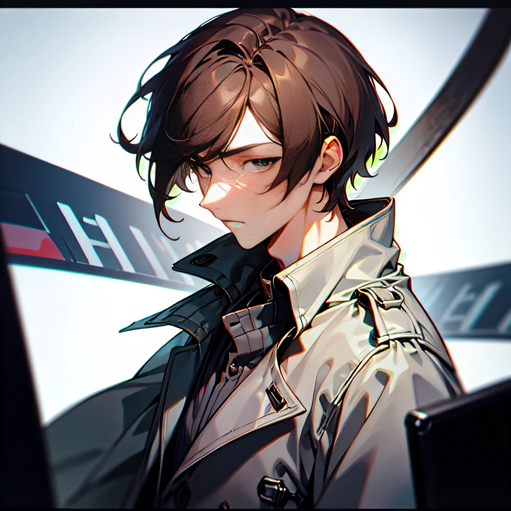 brunette color hair,male people,年轻,mature,self-assured,short detailed hair,Gray trench coat,White shirt,videotape,Grey,k hd,up-close,frontage,heads,