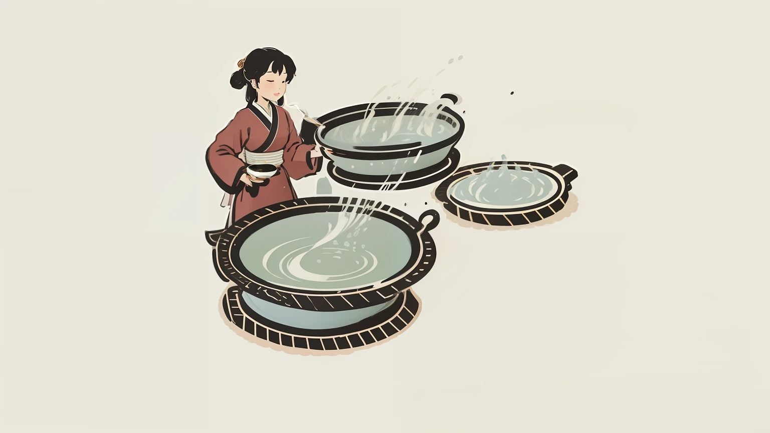 Illustration of a long-haired woman pouring tea into a cup, tea ceremony scene, pouring, Simple illustration, wikihow illustration, Inspired by Wu Guanzhong, Flat illustration, inspired by Watanabe Shōtei, Simple and clean illustration, inspired by Shūbun Tenshō, inspired by Tani Bunchō --auto