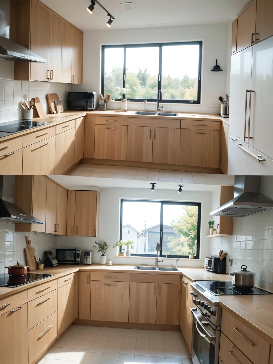 ,masterpiece, best quality,8k, ultra highres,Step into this minimalist and Nordic kitchen,You will be blown away by its minimalist beauty。The ubiquitous white walls blend perfectly with the wood-colored kitchen cabinets,Presents a pure and refreshing feeling。Simple and practical kitchenware and cutlery are neatly arranged,It gives a sense of order。Bright skylights allow sunlight throughout the kitchen,Make the cooking process more enjoyable。Every time you cook,All are full of anticipation and passion for creating food。This minimalist Nordic kitchen will inspire your cooking,Looking forward to every taste bud enjoyment。