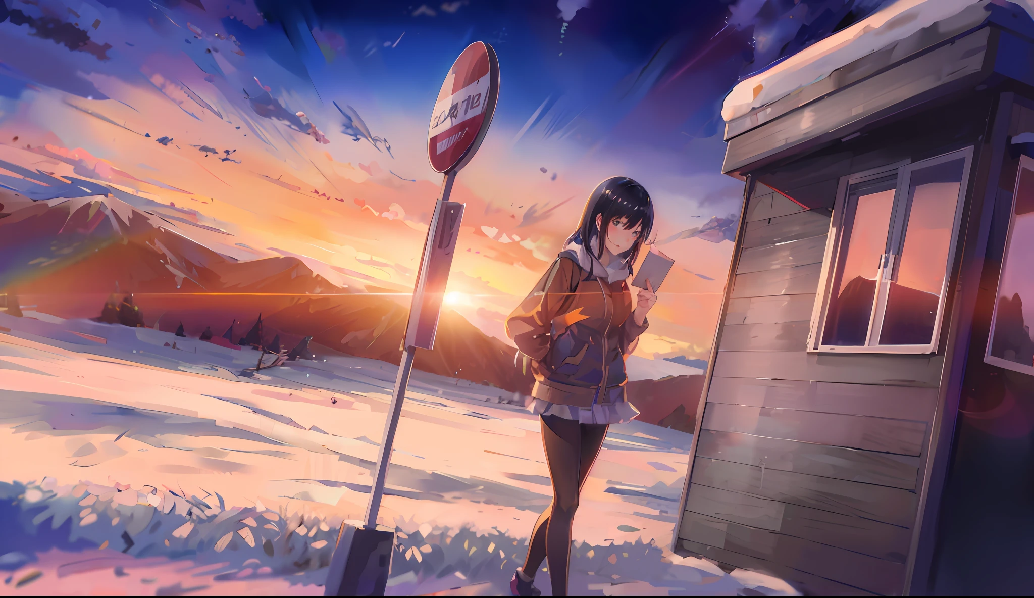 Anime girl standing in the snow, watching the sunset. Anime, beautiful anime scenes, Makoto Shinkai's style --auto