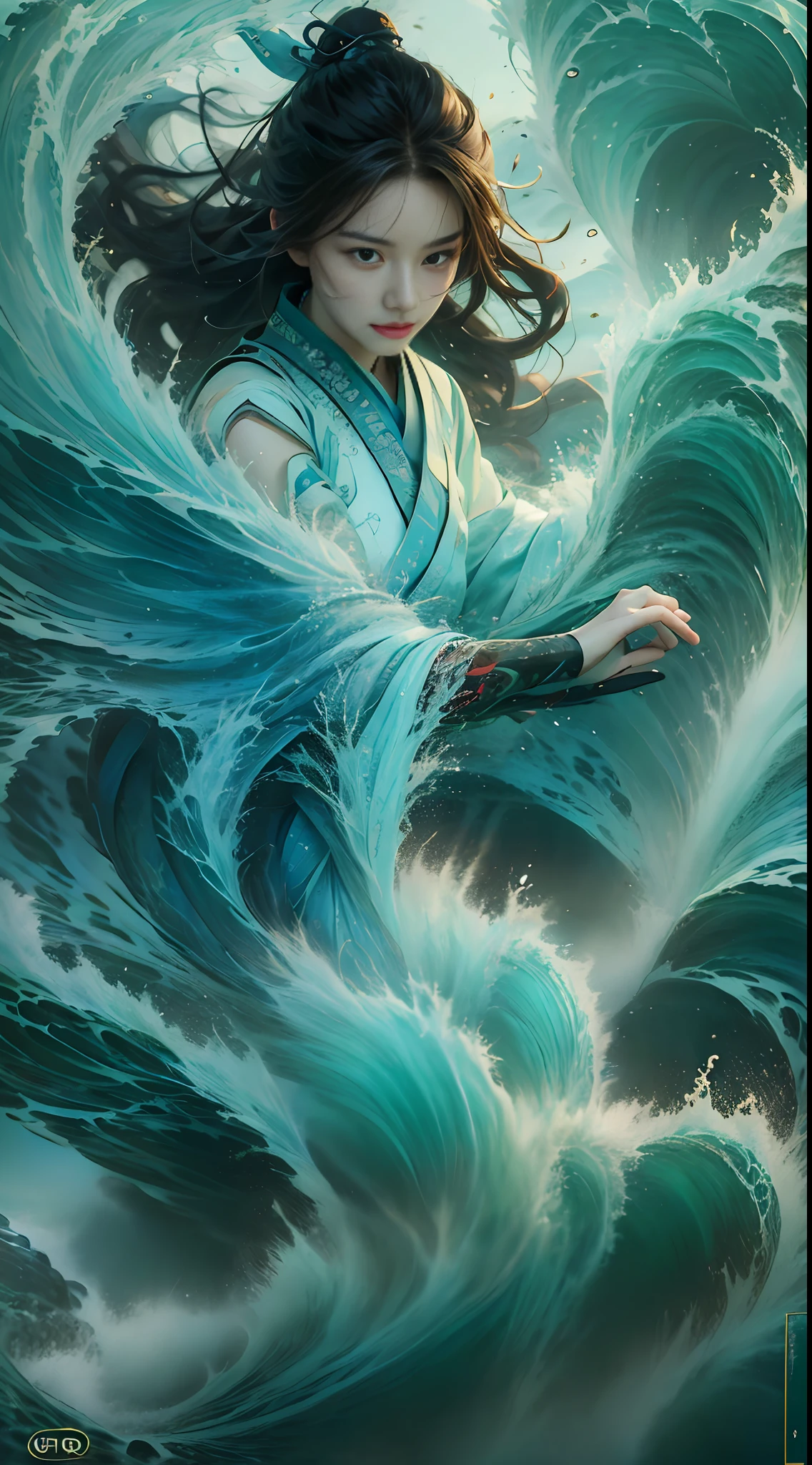 Best quality, masterpiece, super high resolution, Hanfu, Yushui Book, 1 girl, solo, brunette hair, water, waves, crashing waves, spells, fa gong