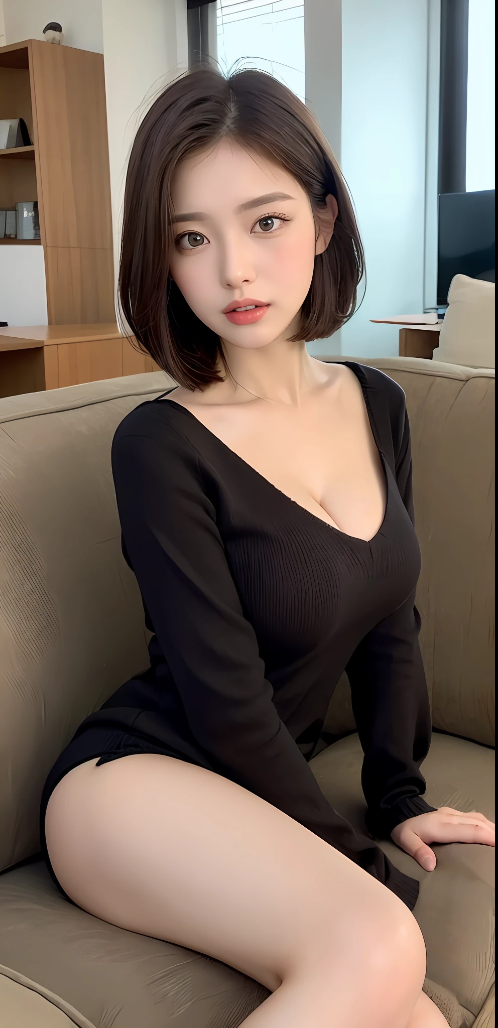 ((Midnight, Best quality, 8k, Masterpiece :1.3)), Whole body, Long legs, Sharp focus :1.2, A pretty woman with perfect figure :1.4, Slender abs, thigh :1.1, ((Dark brown hair, Big breasts :1.2)), (sweater, Sitting :1.2), ((living room, couch:1.3)), Highly detailed face and skin texture, Detailed eyes, Double eyelid, cleavage, close up