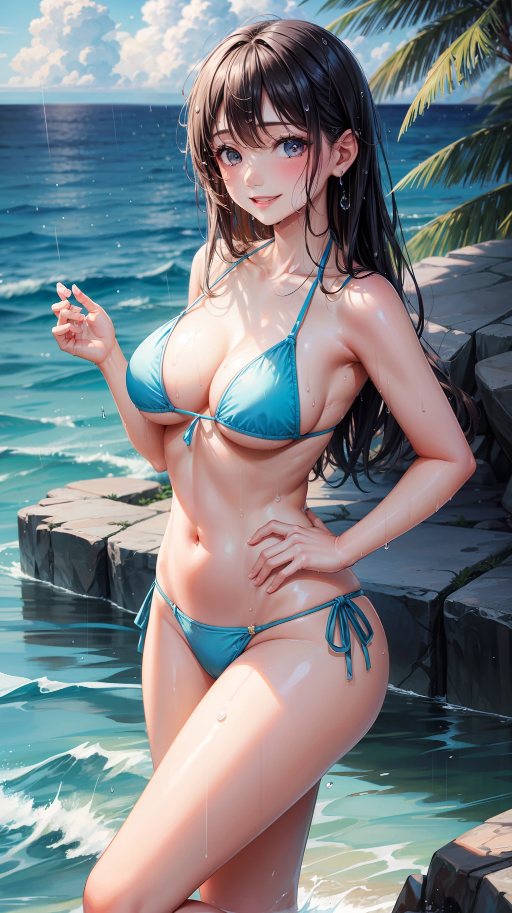 ultra high quality, ultra high details, ultra high definition, ultra high resolution, See-through with light blue micro bikini, wet, bright, rain, beautiful sea, transcendent pretty 20-year-old little girl, sexy posing, blushing charming smile,