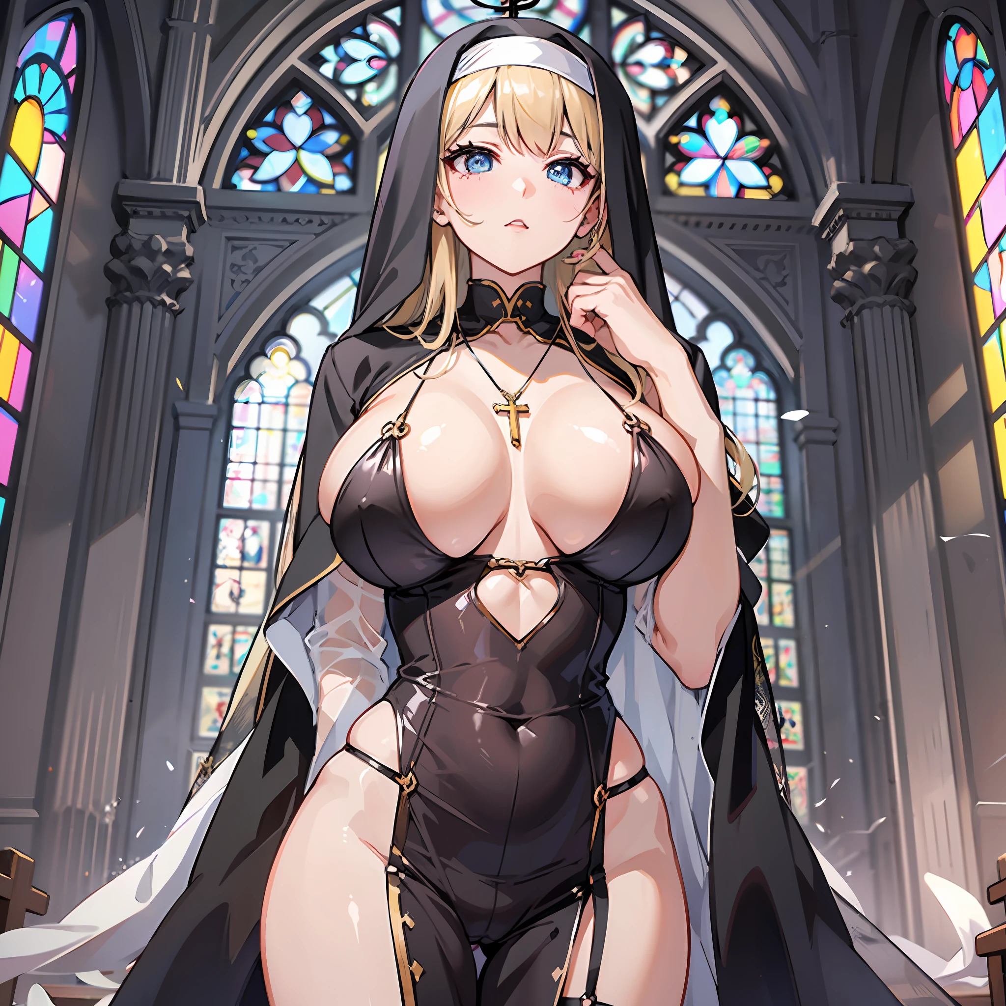 masterpiece, Top Quality, ultra-definition, max resolution, A highly detailed, clean skin, the anime, Slender, extremely sexy, young face, a 18 year old girl, blue eyess, Blonde hair, Praying, Breasts sticking out of clothes, Tight-fitting belly clothes, Shameful, red face, church (chapel), altar, crucifixion, Cross Necklace, nun, Enormous breast (enormous chest, long breast), (breast curtains), black dress, White-tip dress, veil, bandeau, Looking up, Order of the thigh garter, Choker, tight clothes, Chest strap, breast hollow