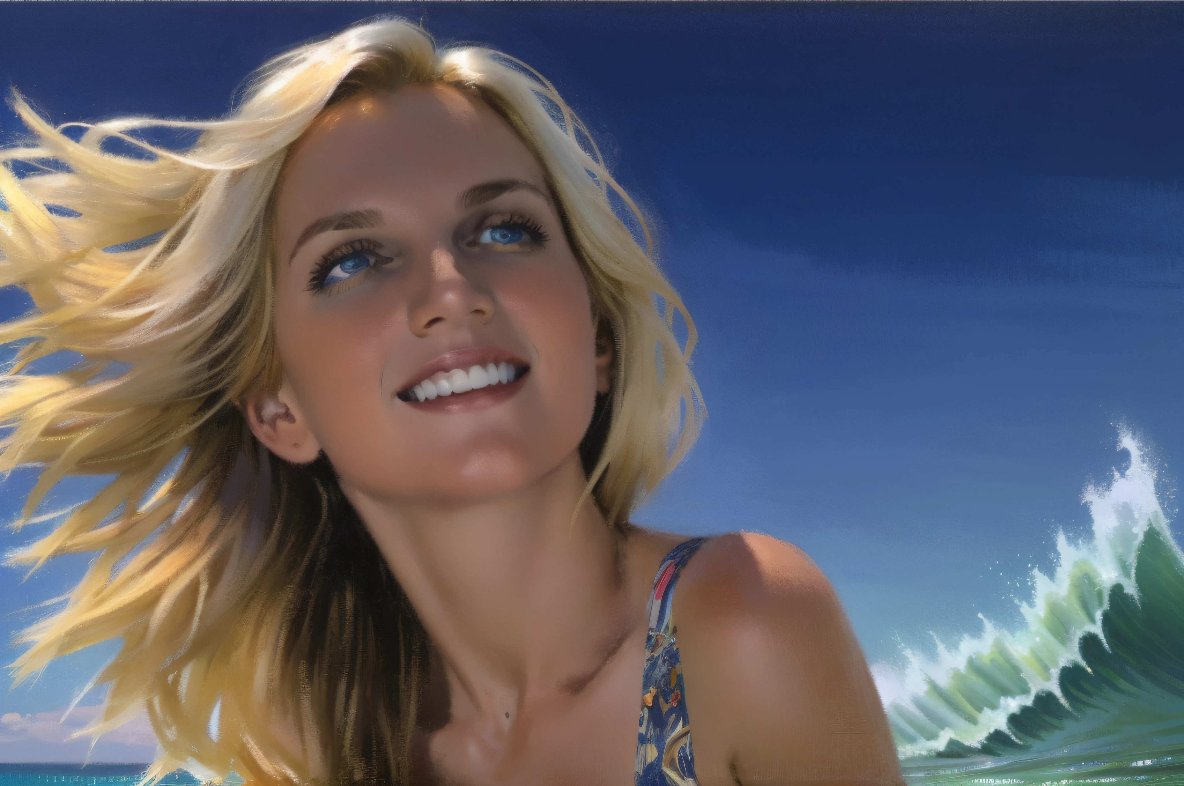 Head and shoulders portrait, Happy Smiling young beautiful Blonde woman, at the sea, by sunset, white thin summer dress, golden blond long hair flowing in the wind, blue eyes, oil on canvas, oil painting, James Gurney, back lit, shot from below, smooth, hyper detailed, natural looking, life like, photo realistic, maximalist, wallpaper, masterpiece, 32k resolution, hyper realistic, best quality, ultra quality, Epic, cinematic, brilliant, stunning, intricate details, meticulously detailed, dramatic, atmospheric, digital matte painting, colorful, bright colors, complementary colors, golden hour, volumetric lightning, high contrast, super detailed face, super detailed hair, romantic vibe, a beautiful summer evening at sunset, ocean waves and sun setting in background