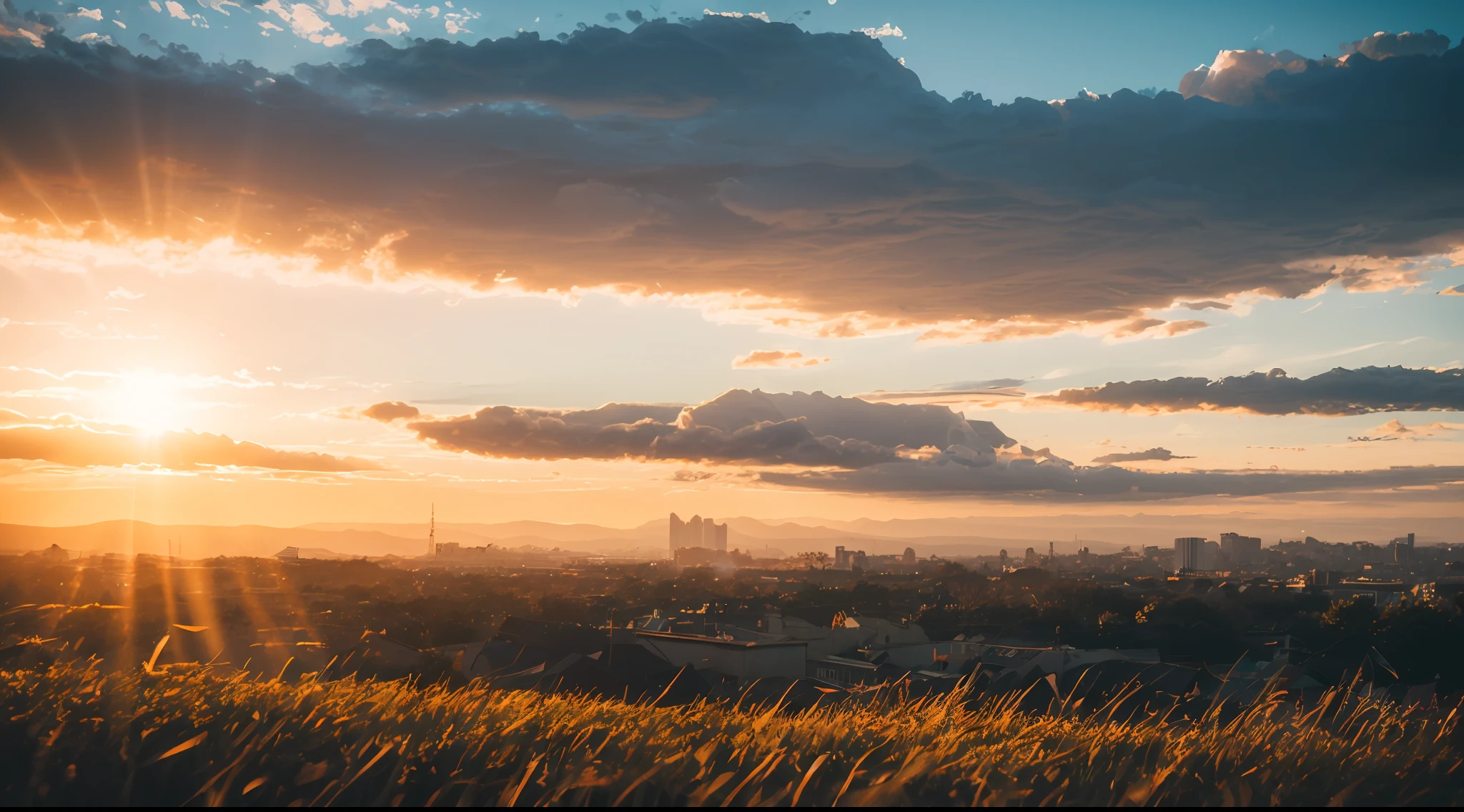 in summer, Large cumulonimbus clouds, sony a7, Film grain, Sunset, the golden hour, Cinematic lighting, Photorealistic, one-point perspective, 32K, diffuse reflection, colorful shiny particles, Lens Flare, sharp reflection light,