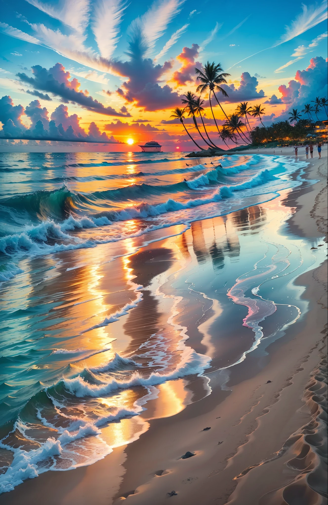 An absolutely mesmerizing sunset on the beach with a mix of orange, pink and yellow in the sky. The water is crystal clear, gently kissing the shore, and the white sand is boundless. The scene is dynamic and breathtaking, with palm trees gently swaying. Immerse yourself in the calm atmosphere and let the tranquil surroundings surround you.