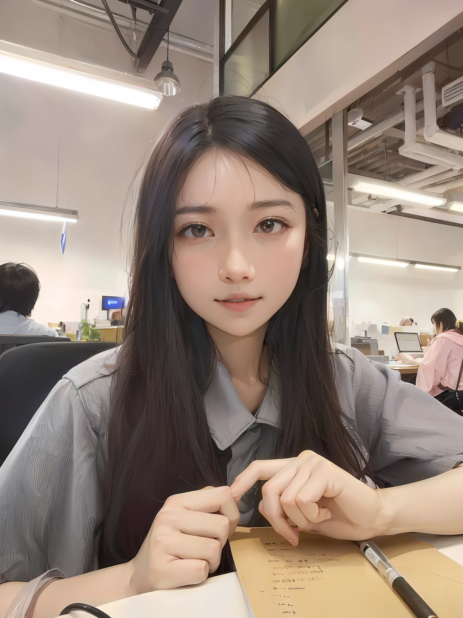 There was a woman sitting at the table，Hold a pen and paper, wenfei ye, xintong chen, xision wu, Lin Qifeng, Li Zixin, Yun Ling, chengyou liu, wenjun lin, Zhang Pengzhen, zmonzheng, Wang Qichao, zhelong xu, Zhang Wanting, gongbi, jaeyeon nam