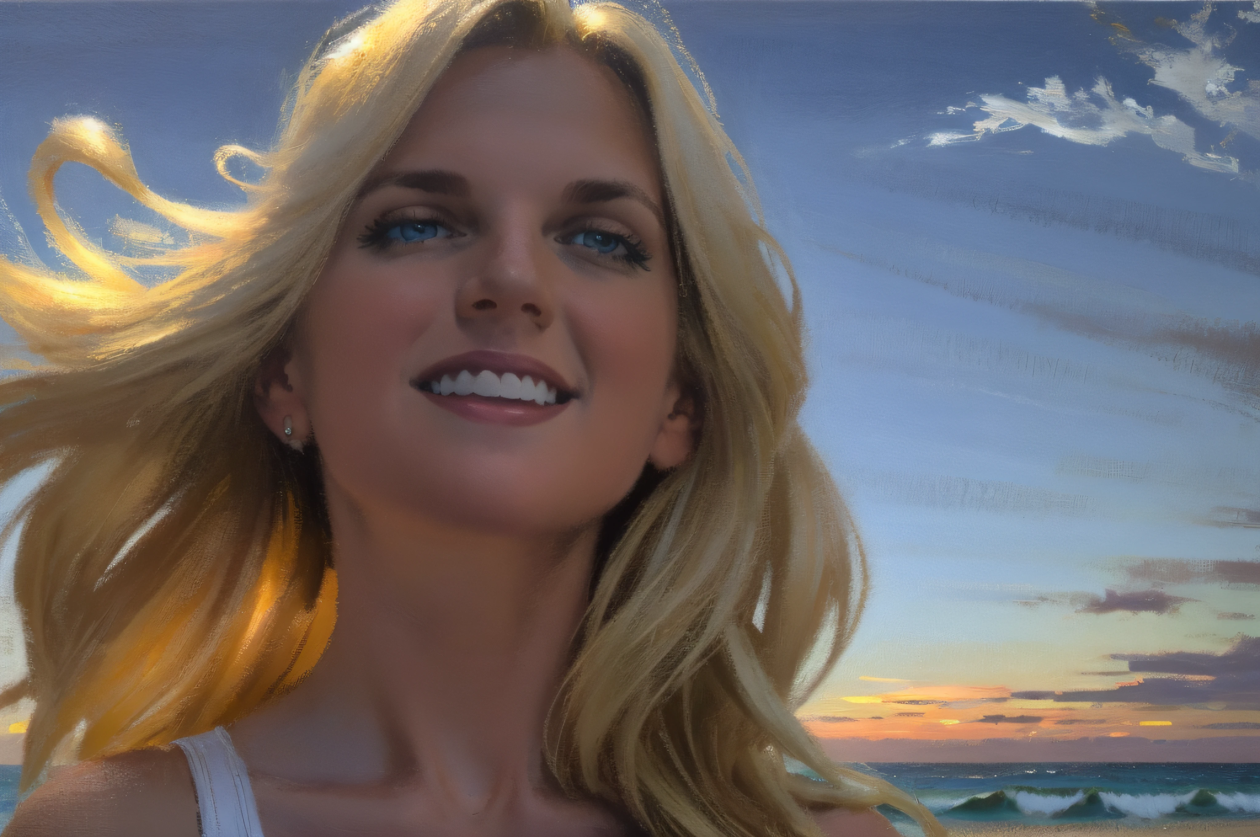 Head and shoulders portrait, Happy Smiling young beautiful Blonde woman, at the sea, by sunset, white thin summer dress, golden blond long hair flowing in the wind, blue eyes, oil on canvas, oil painting, James Gurney, back lit, shot from below, smooth, hyper detailed, natural looking, life like, photo realistic, maximalist, wallpaper, masterpiece, 32k resolution, hyper realistic, best quality, ultra quality, Epic, cinematic, brilliant, stunning, intricate details, meticulously detailed, dramatic, atmospheric, digital matte painting, colorful, bright colors, complementary colors, golden hour, volumetric lightning, high contrast, super detailed face, super detailed hair, romantic vibe, a beautiful summer evening at sunset, ocean waves and sun setting in background