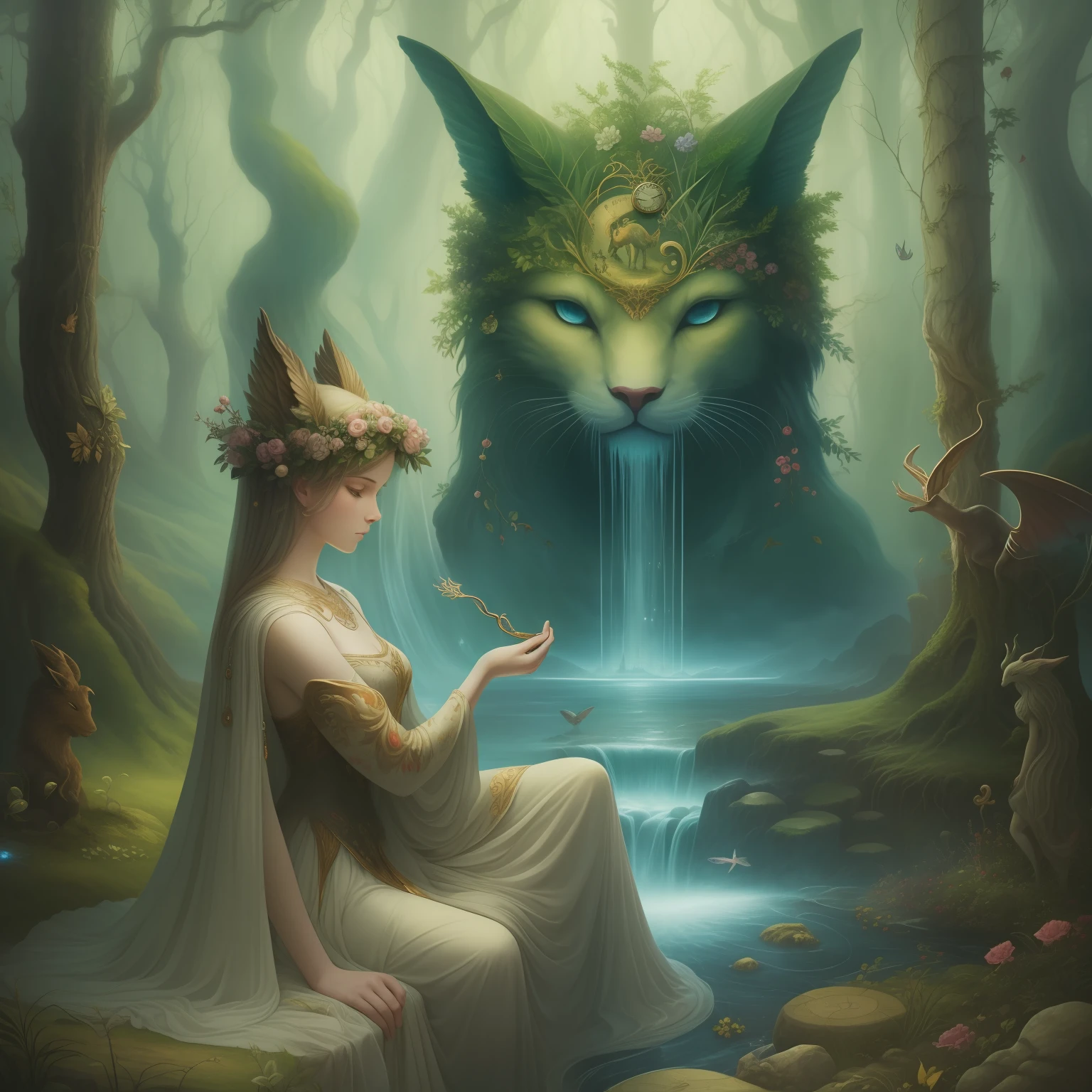 Realistic, (Masterpiece, Top Quality, Best Quality, Official Art, Beautiful and Aesthetic: 1.2), Very Detailed, a surrealistic painting where clocks, trees, and mythical creatures merge together into one flowing dreamscape