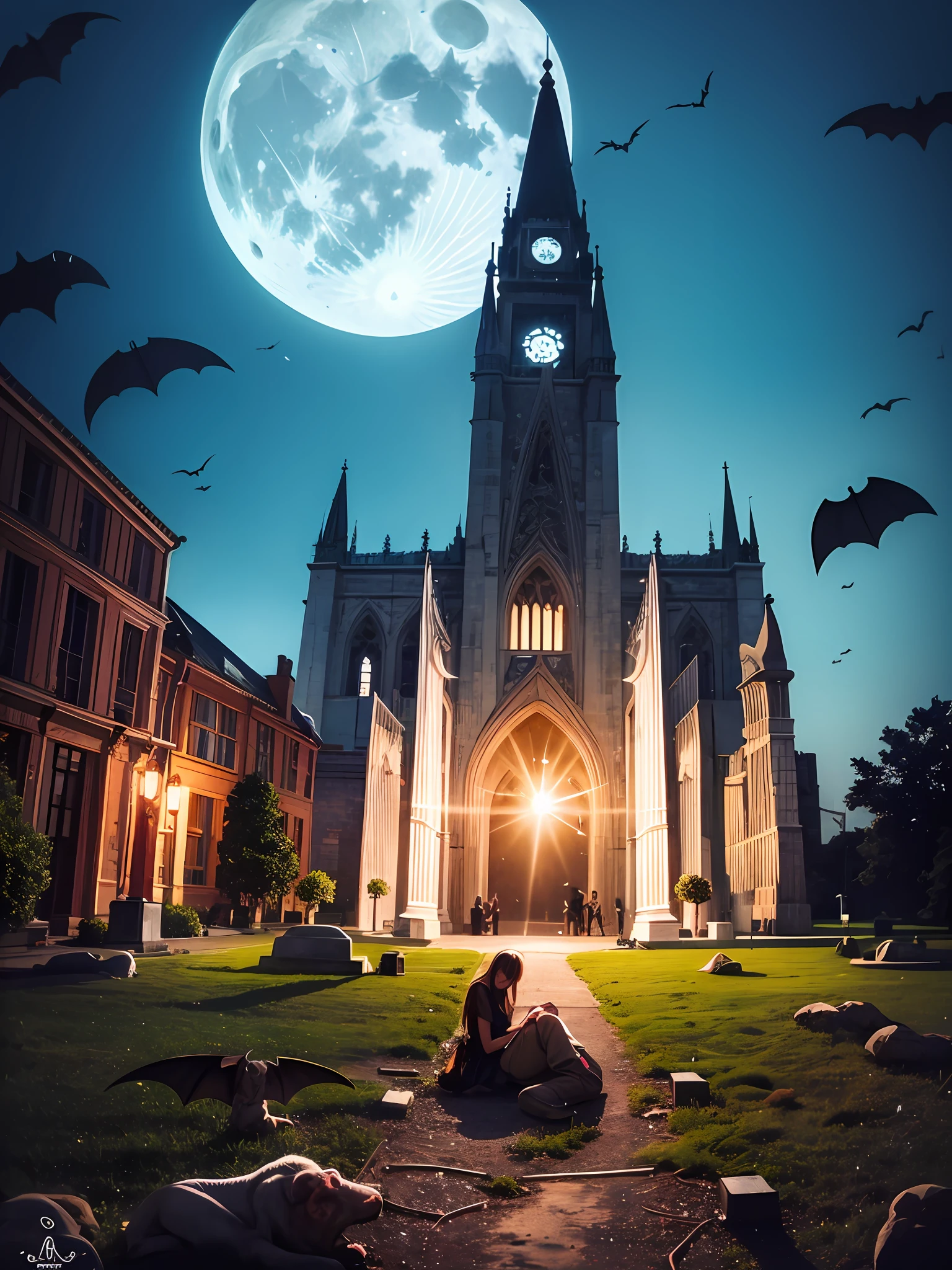 terroral，chies，burial site，Gothic，the night，the bats，moon full，rays of moonlight，dead tree，Realistic graphics，photorealestic，photography of，8K，