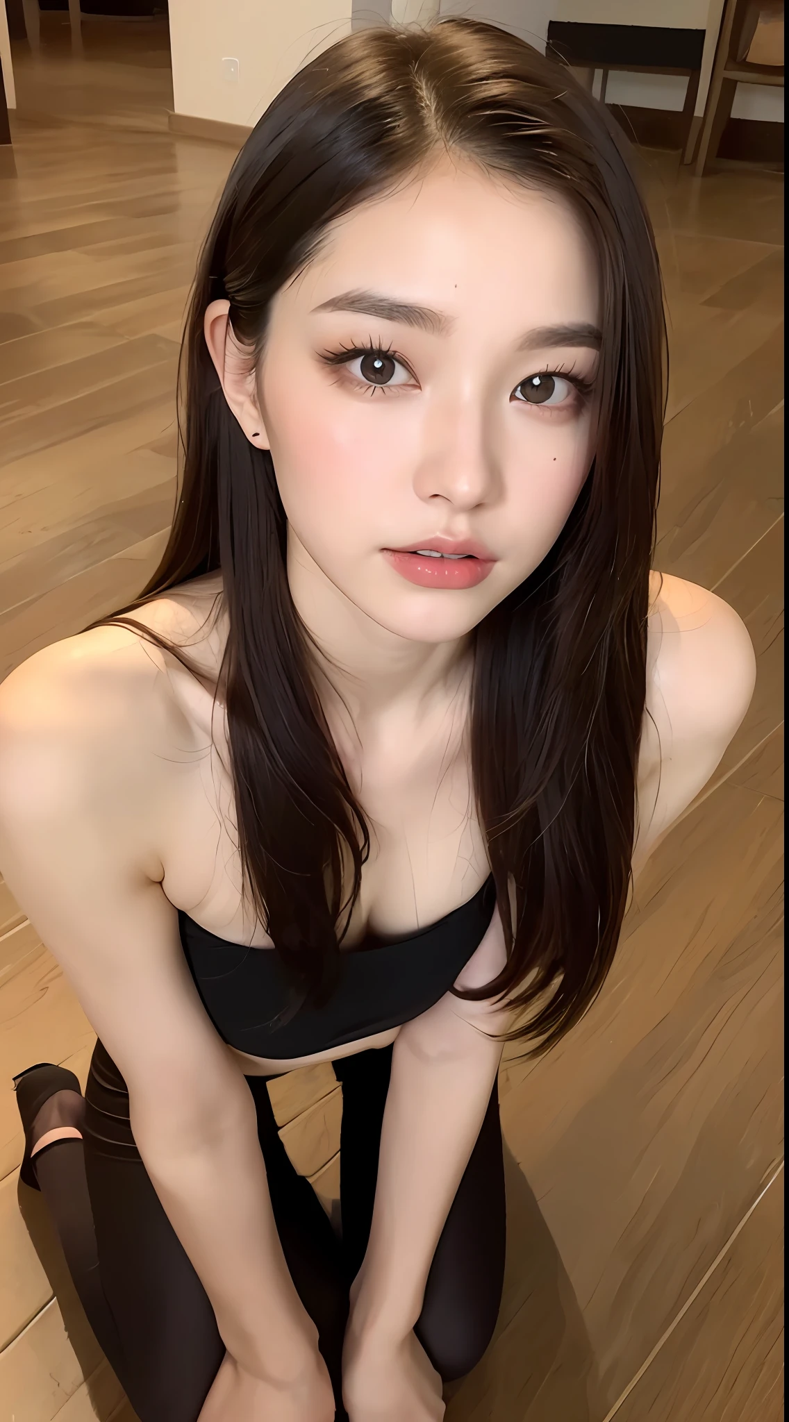 ((top quality, 8k, masterpiece: 1.3)), beauty, 1 girl, beautiful: 1.3, slender abs: 1.1, dark brown hair, (kneeling on the floor, legs open: 1.2), ultra detailed face, highly detailed lips, detailed eyes, double eyelids