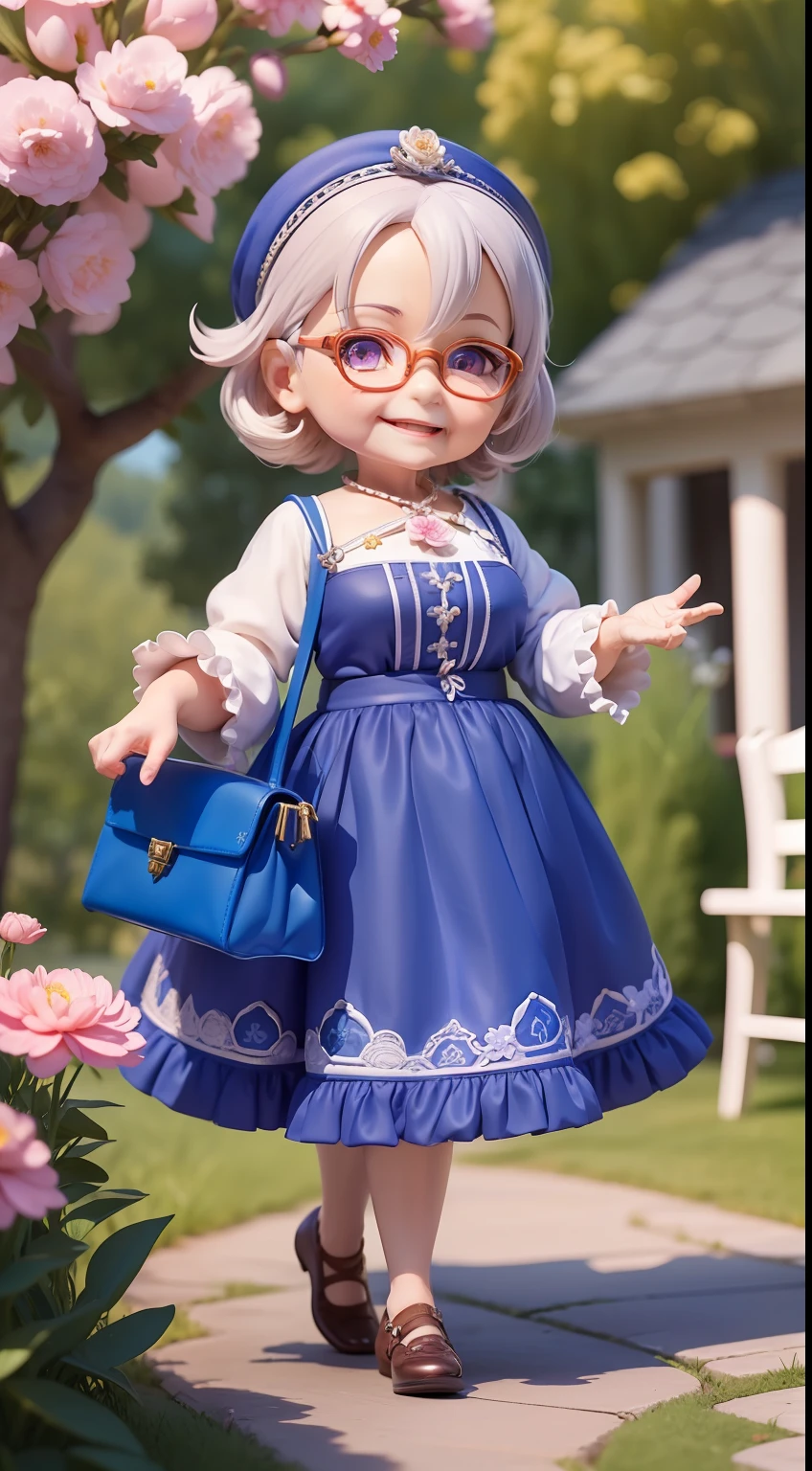 (masterpiece),(best quality ),(ultra-detailed), (fullbody:1.2), ((old granny)) holding a handbag, chibi,cute,smile, open mouth, blue eyes, open eyes,flower,outdoors, wearing reading glasses,(beautiful detailed face), (beautiful detailed eyes),