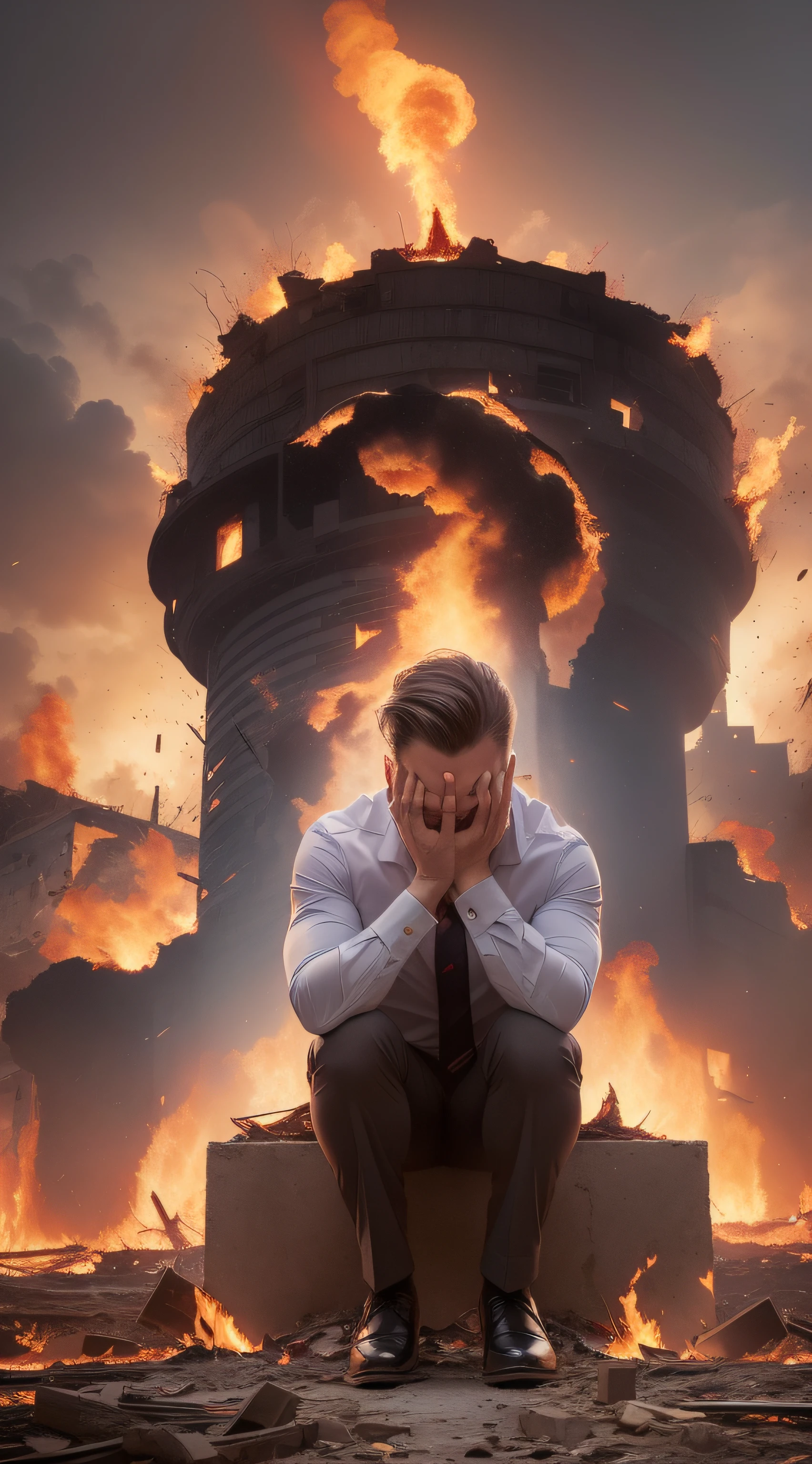 On the last day on earth, a man in a suit crouches down and holds his head with both hands, a city burning with flames, lightning, and the block letters "Recruitment Crisis" crack and are about to collapse