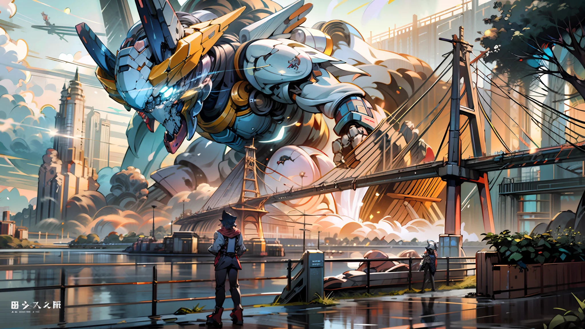anime - style illustration of a man and a boy looking at a futuristic city, anime mecha aesthetic, mecha art, mecha asthetic, modern mecha anime, inspired by Krenz Cushart, giant anime mecha, mecha anime, an anime large mecha robot, cool mecha style, high quality digital concept art,