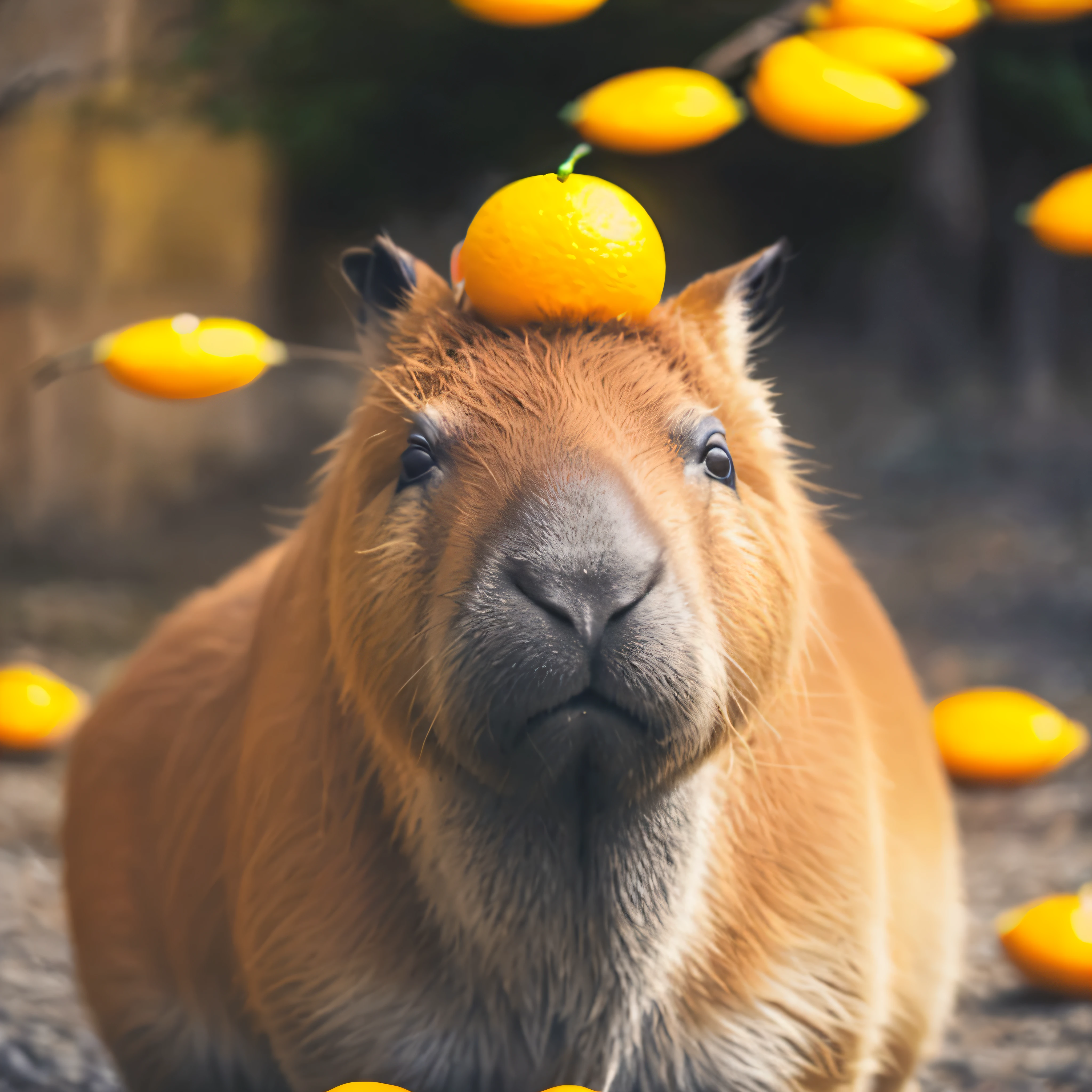 There is a capybara with a bunch of oranges on his head, capybara, Pure，art portrait