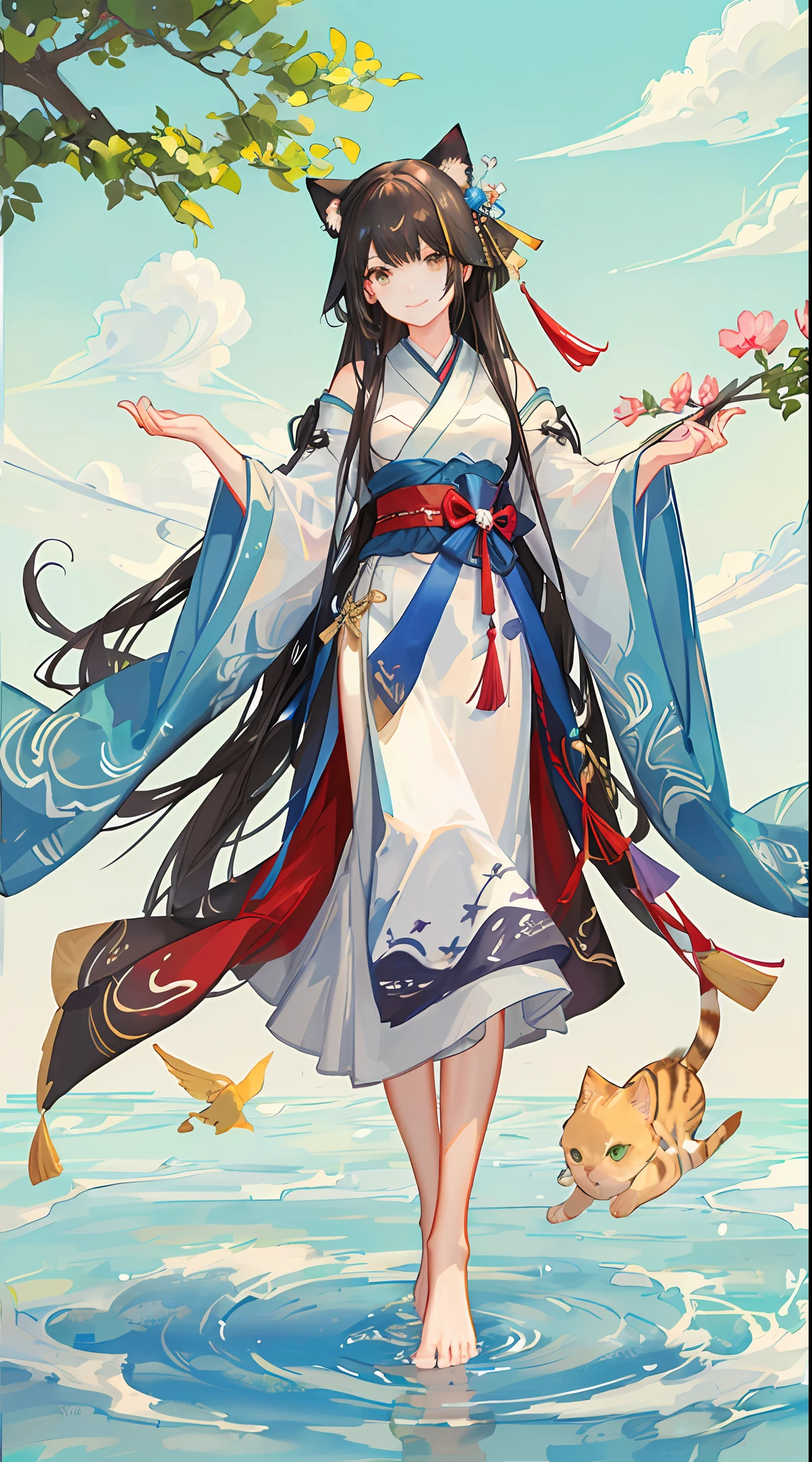 ((4k,masterpiece,best quality)), shuimobysim, ink and watercolor painting, lotuses, Hanfu, maxiskit, Dress conservatively 1girl, solo, blue long hair, ssmile, standing on your feet, Feet in the water, The barefoot,sideways standing，Calm，cat ear