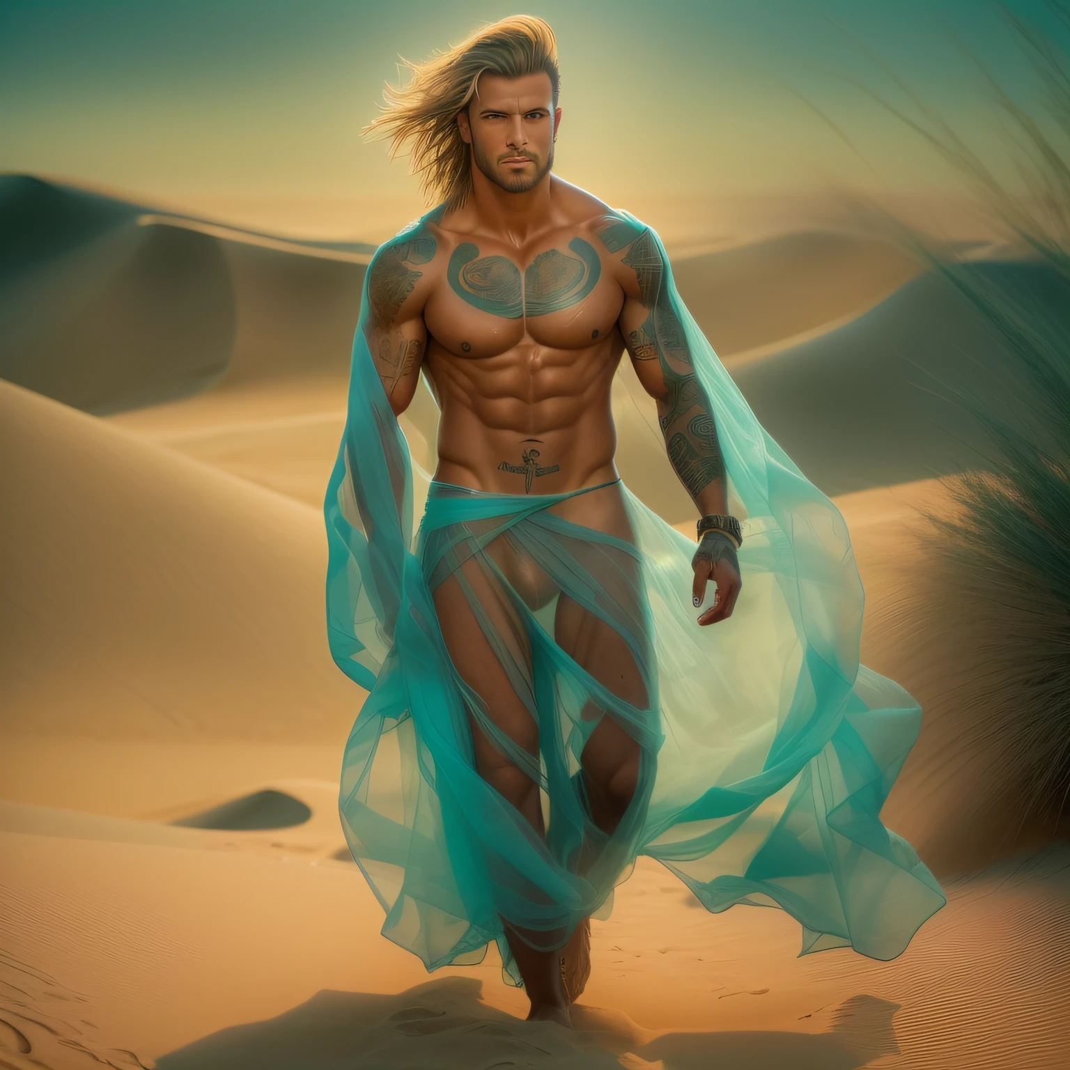 (an incredibly beautiful),(best illumination, golden light, brightly shining),(a handsome hugely muscular tanned warrior man with a tiny waist and tattoos over his whole body),(surrounded by voluminous sheer transparent turquise gauze fabric:1.2),(naked:1.5),(walking over dunes),(gazing), alluring stance