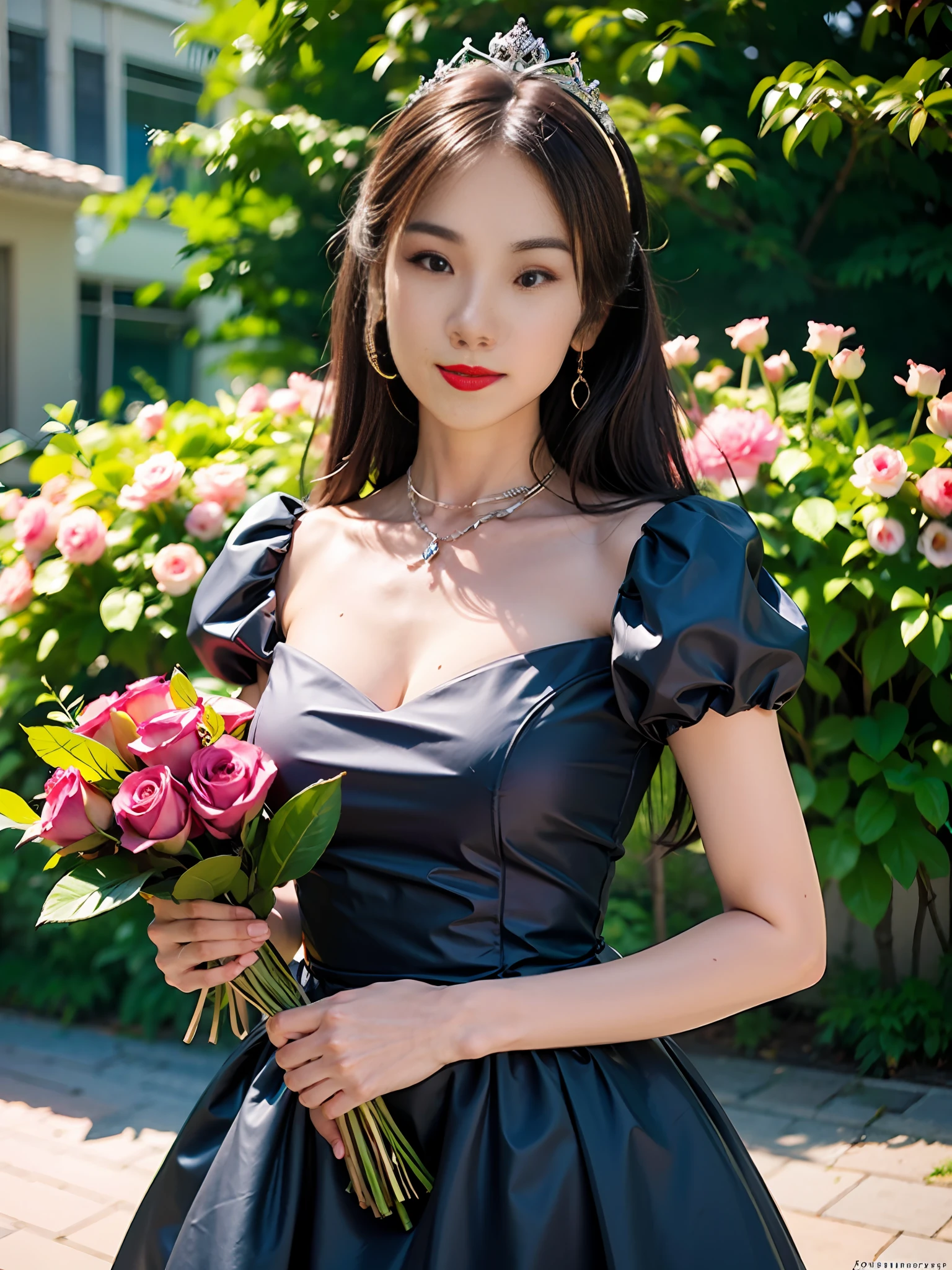 woman holding a large pink rose bouquet, wearing a black dress, tumblr, with flowers, jossi of blackpink, jinyoung shin, sun yunjoo, heonhwa choe, crown of mechanical peach roses, bouquet, cheeryblossom, realistic, HDR, highly detailed, raw photo, ambient occlusion, natural, harmonious composition, warm tones, fine art photography, romanticism, Fujicolor, 8k