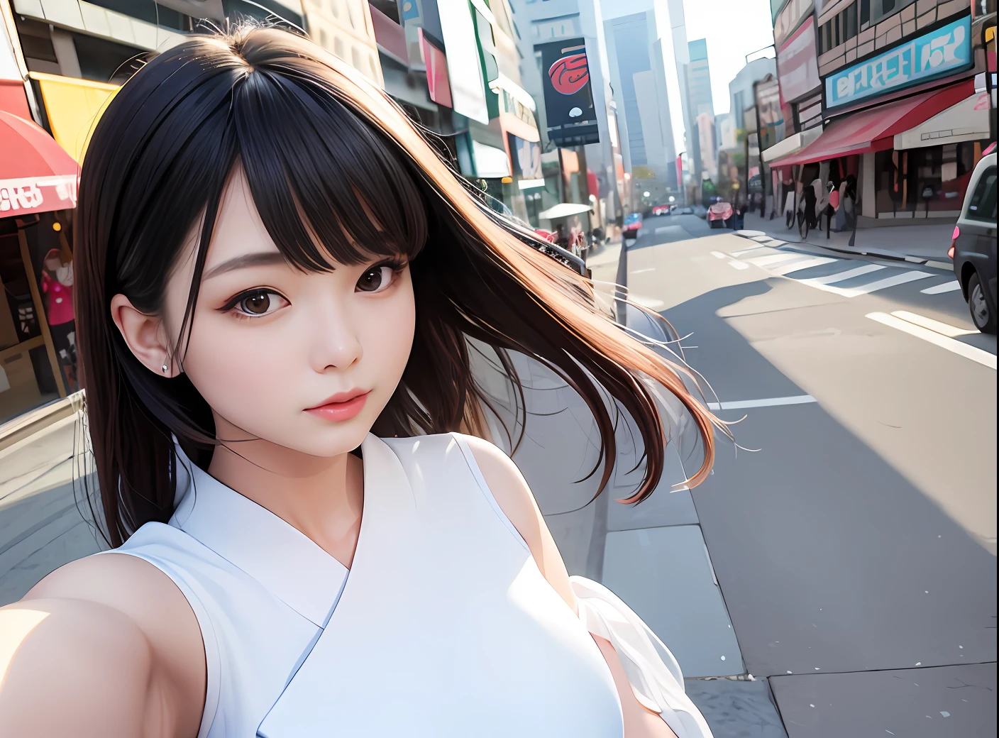 Woman in white dress taking selfie with cell phone in city, Gorgeous young Korean woman, Beautiful young Korean woman, selfie photography, The best masterpiece，3Drenderingof，8 k hd wallpaper，Korean model beauty，The most delicate facial features，beautiful countenance，Take a selfie in the city with your phone