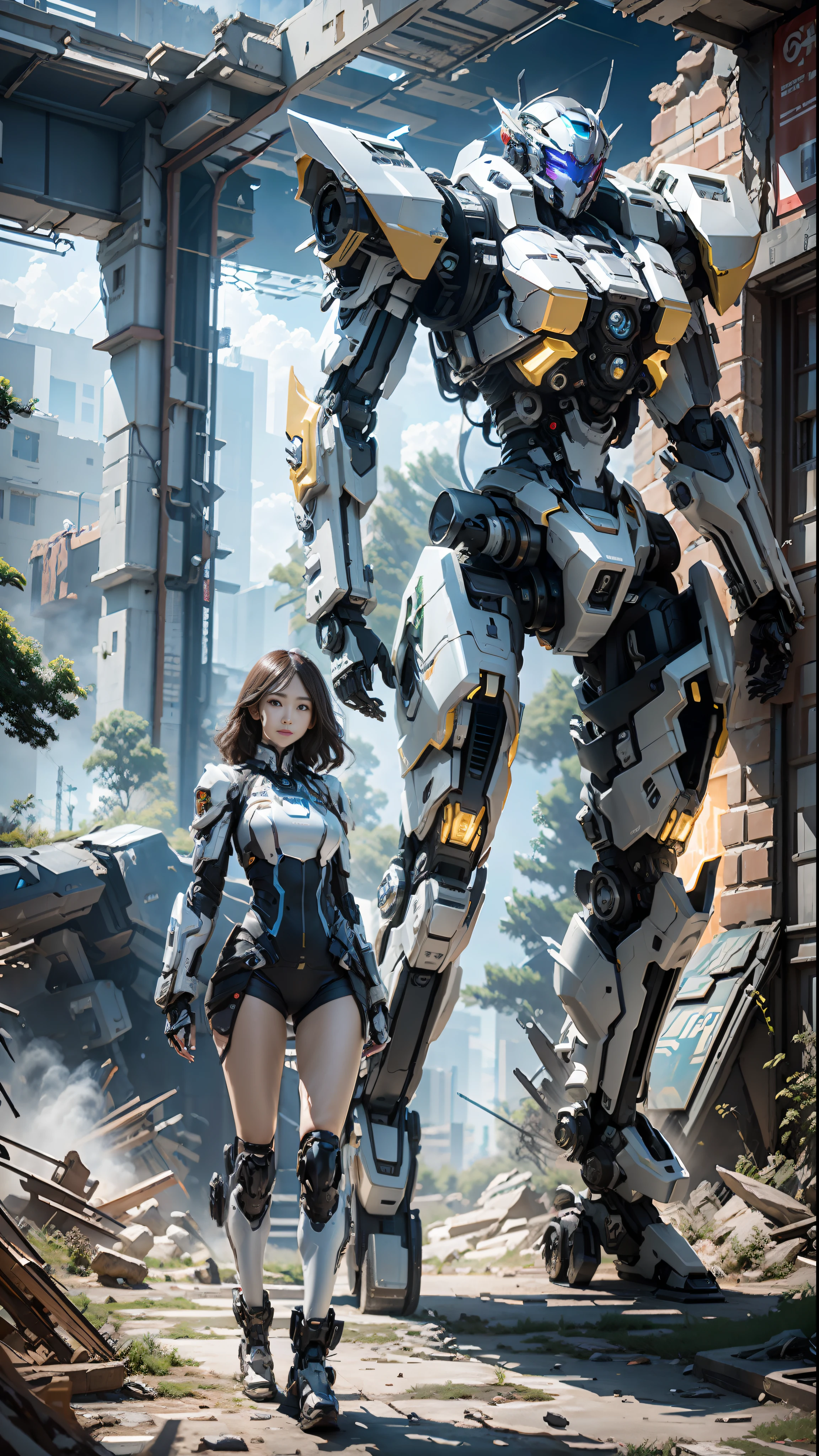 ((Best quality)), ((masterpiece)), (highly detailed:1.3), 3D,Shitu-mecha, beautiful cyberpunk women with her mecha in the ruins of city from a forgoten war, ancient technology,HDR (High Dynamic Range),Ray Tracing,NVIDIA RTX,Super-Resolution,Unreal 5,Subsurface scattering,PBR Texturing,Post-processing,Anisotropic Filtering,Depth-of-field,Maximum clarity and sharpness,Multi-layered textures,Albedo and Specular maps,Surface shading,Accurate simulation of light-material interaction,Perfect proportions,Octane Render,Two-tone lighting,Low ISO,White balance,Rule of thirds,Wide aperature,8K RAW,Efficient Sub-Pixel,sub-pixel convolution,luminescent particles,light scattering,Tyndall effect