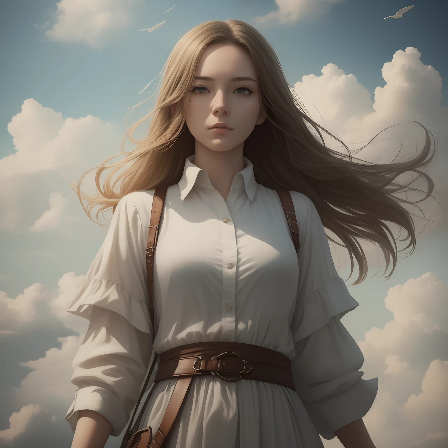 Realistic, (Masterpiece, Top Quality, Best Quality, Official Art, Beautiful and Aesthetic: 1.2), Very Detailed, a woman disappear into clouds in the sky