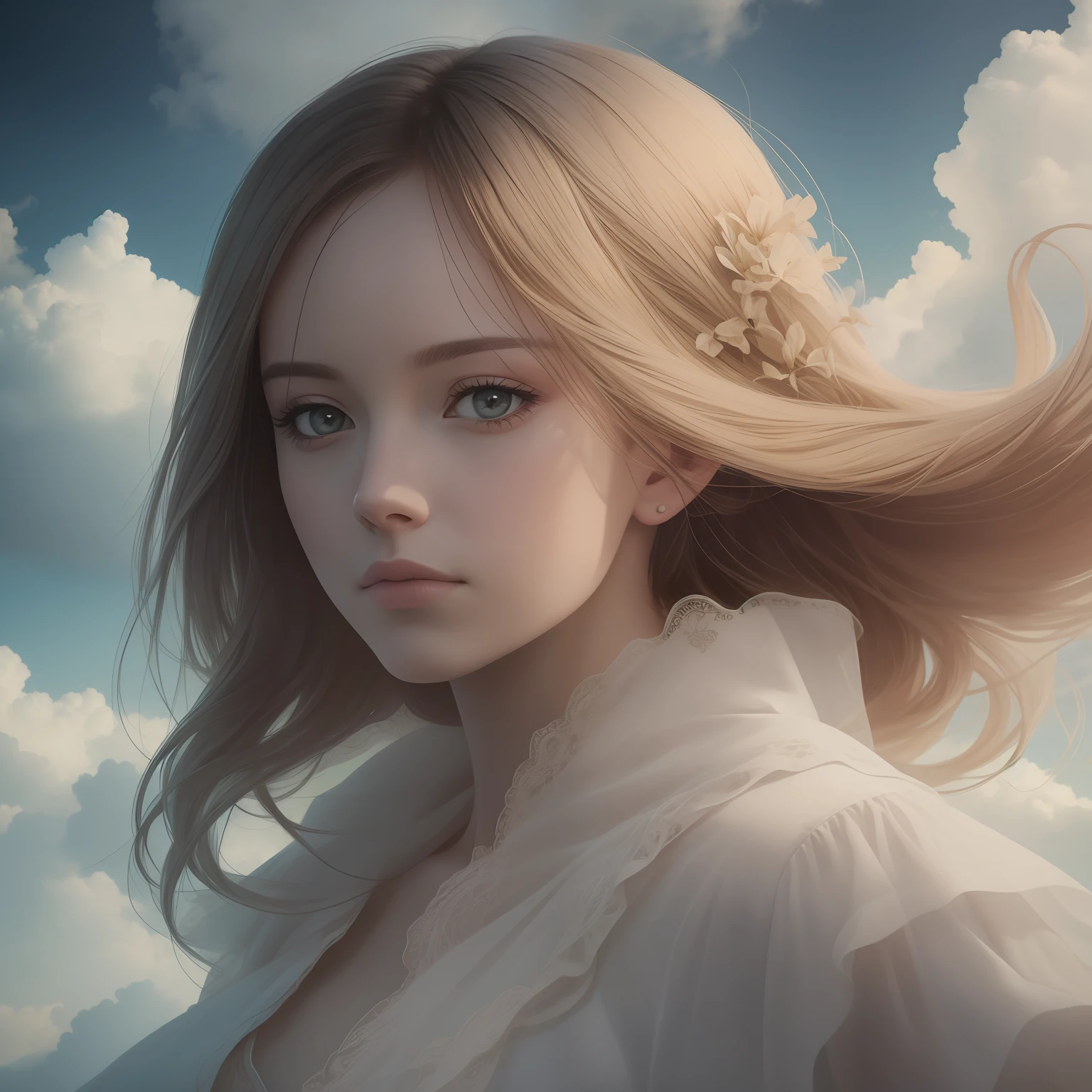 Realistic, (Masterpiece, Top Quality, Best Quality, Official Art, Beautiful and Aesthetic: 1.2), Very Detailed, a woman disappear into clouds in the sky