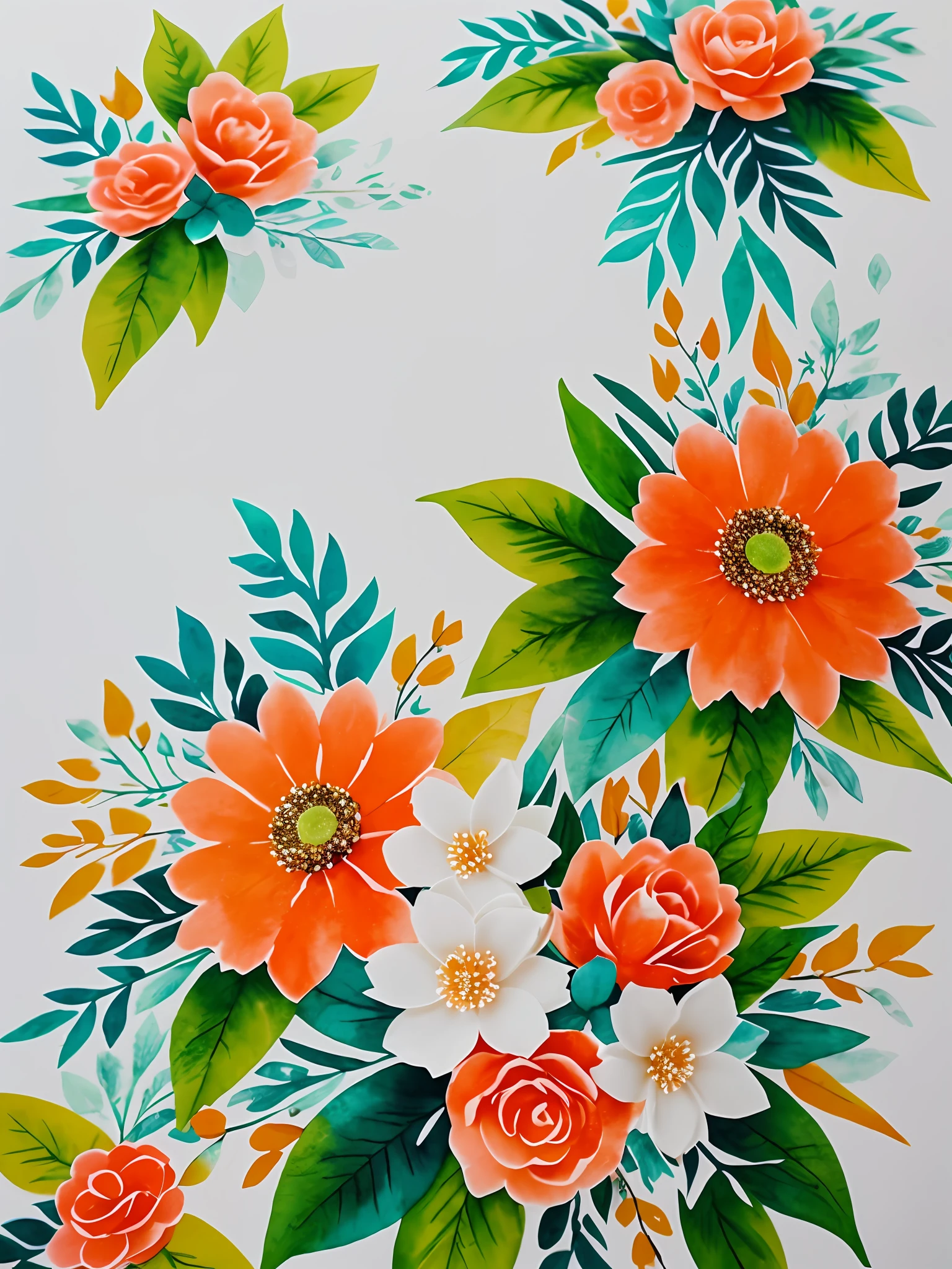 sobre fondo blanco, pinceladas suaves realistas y detalladas de acuarela, Flores de boda: rosas, eucalipto, Tema: boho color: naranja, burdeos, verde, azul Textura: romantic, Forma: ramo