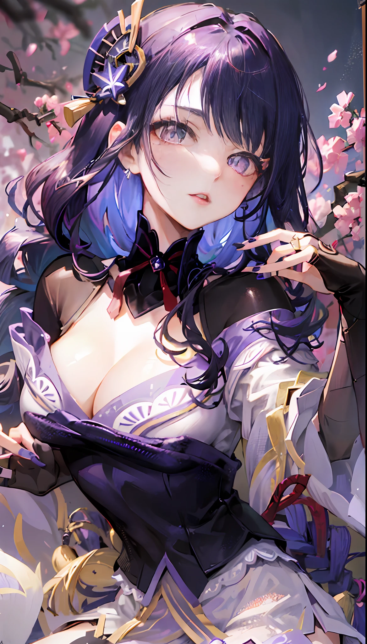 美丽细致的眼睛，Gradient hair，Hair between the eyes，GSHead ,Purple hair, Genshin_impact，((Serious expressions))， Woman black and purple with dots background，looking at the viewer only（（HighestQuali，tmasterpiece，4K，finedetail，Detailed eyes，Complicated details）），（（Pale skin，purpleglowing eyes eyes，Sexy red lips）），1girll，Solo Woman，（（Genshin_impact）），light particules，Purple thunderbolt，Bright background，the cherry trees，sunny clear sky，purple color-theme，Delicate facial features，Sexy beautiful girl，Raiden general，Long purple hair，Detailed eyes，busty figure，buliding，Complete limbs