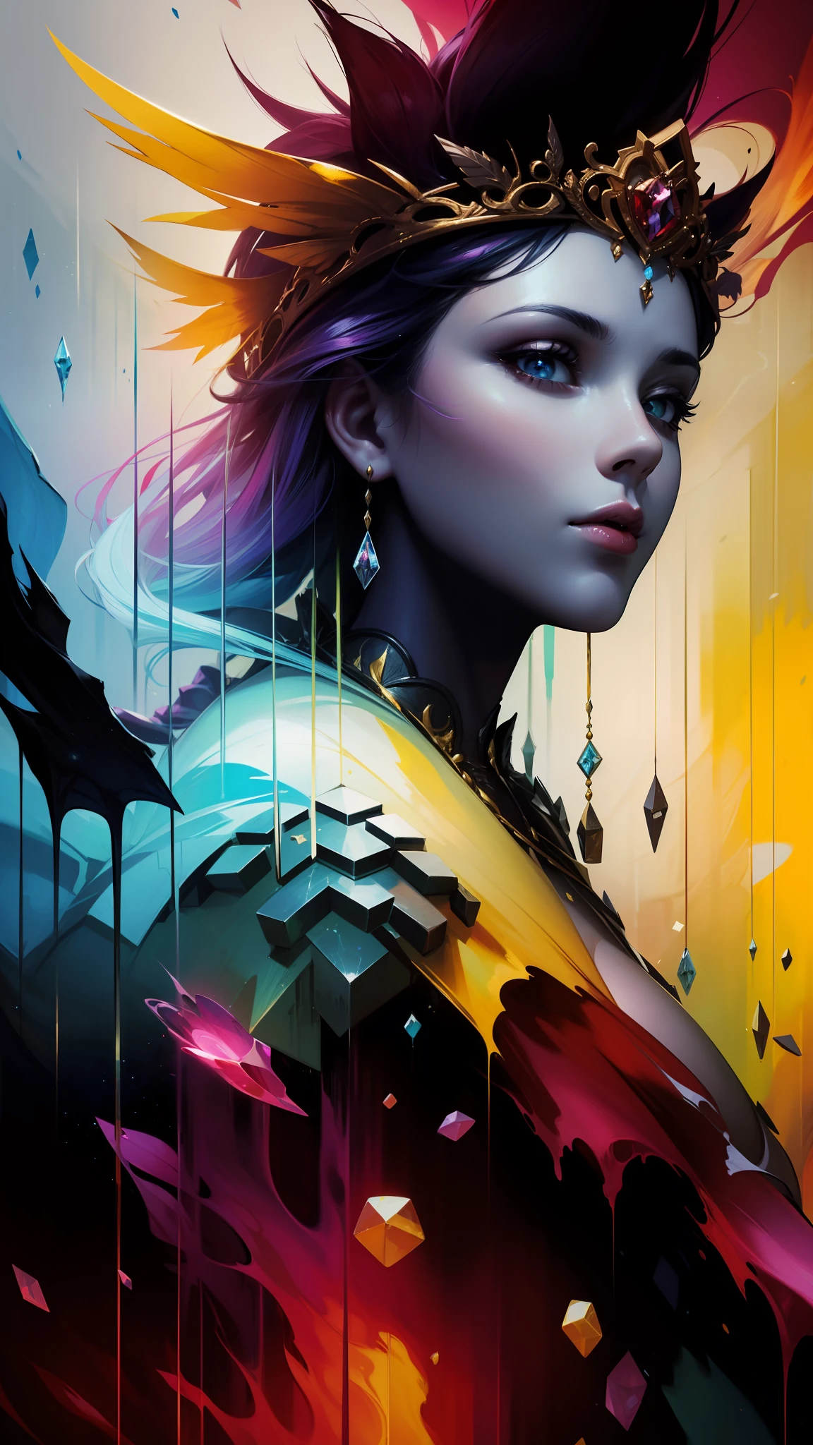 Professional,abstract beauty,approaching perfection,dynamic,Highly detailed,digitalpainting,Artstation,Concept art,Smooth,sharp-focus,illustartion,Artists: by Carne Griffiths, Wadim Kashin,leonid afremov,kandinsky,Psychedelic,watercolour,crystals foil,stylish,Fantastic,a gold,colorful neon, s face, waist-high, portraite of a, up close, near, queen, a goddess, A glorious sunrise, aura, Glow, multi-colored bright aurora borealis, Spectrum Rainbow,Colored feathers, In a chic, lavender white mint hair, pastel, mixed-language_SMS, (beautiful and clear background:1.2),, fantastic paintings , high detailed eyes, crystals, The Space of the Northern Lights, galaxy, Gorgeous hair, Plants. Loving. Love. ultra detail hair, Best Quality, hiquality, hight resolution, detail enhancement, ((most beautiful image in the world)), Masterpiece, Best Quality, High Quality Detail Enhancement, ((most beautiful image ), Shiny hair, Ultra chic, Topless, naked body, curvy chic body, Stampa Flores, art by stjepan sejic, art by j scott campbell, Artist Guillem March, art by citemer liu, 4k, hight resolution, comic book character, comic, high quality detailed, style of ::2.0 comix illustration style,tatoon style, hiquality, hight resolution, detail enhancement, 8K, HD, Best Quality, hiquality, hight resolution, detail enhancement, 8K, HDR, sharp-focus, Ultra Detailed, perfect lighting, Curvy Body, Lush big breasts, Curvy big hips, sparks, Stars, The Cycle of the Stars