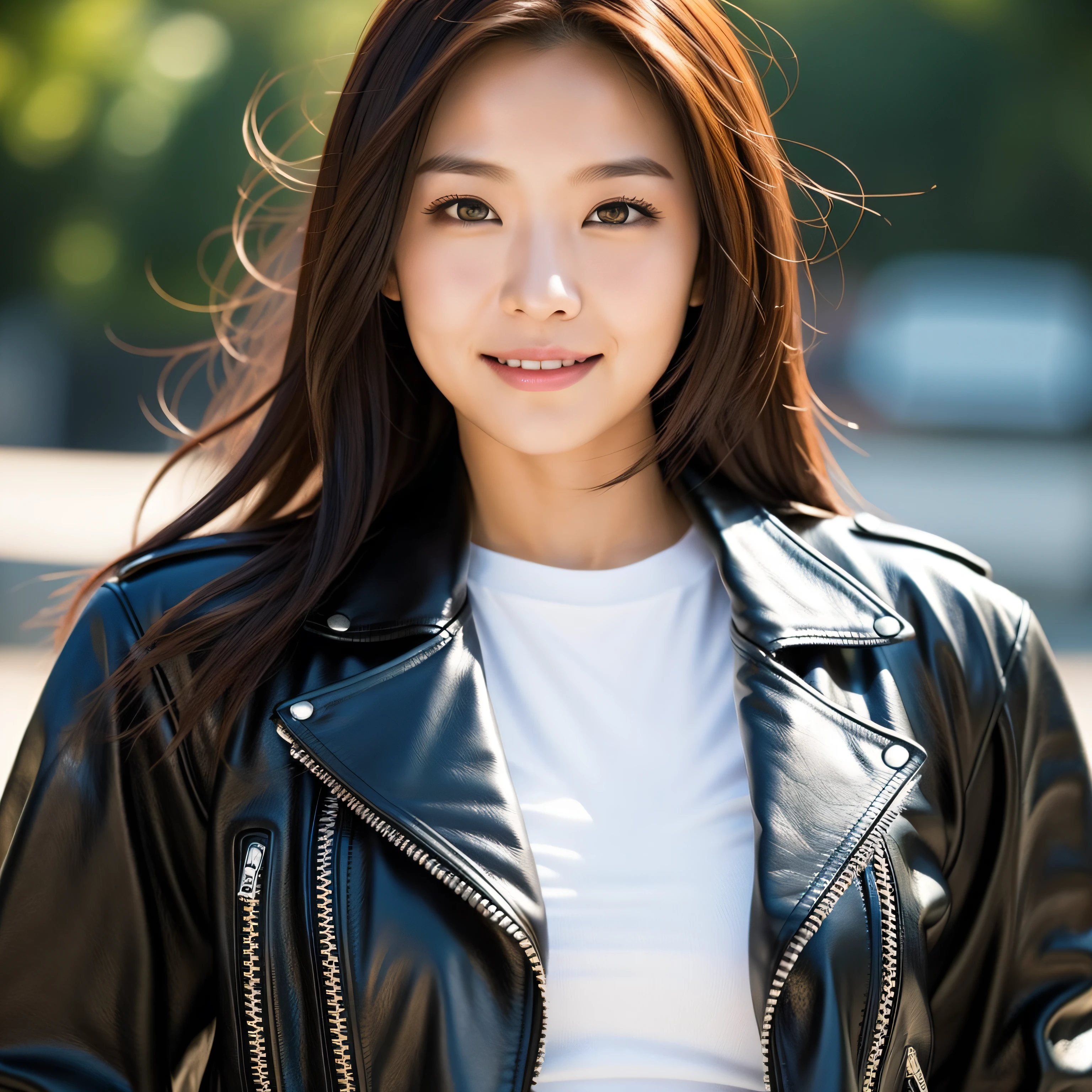 ultra-detailed, 1 girl, Asian, athletic body, realistic skin texture, long hair, (breasts:0.9), smile, gaze at viewer, motorcycle, leather jacket, cotton T-shirt, no helmet, movie lighting, face focus, fine eyes, finerly detailed face, well lit face, sunny day