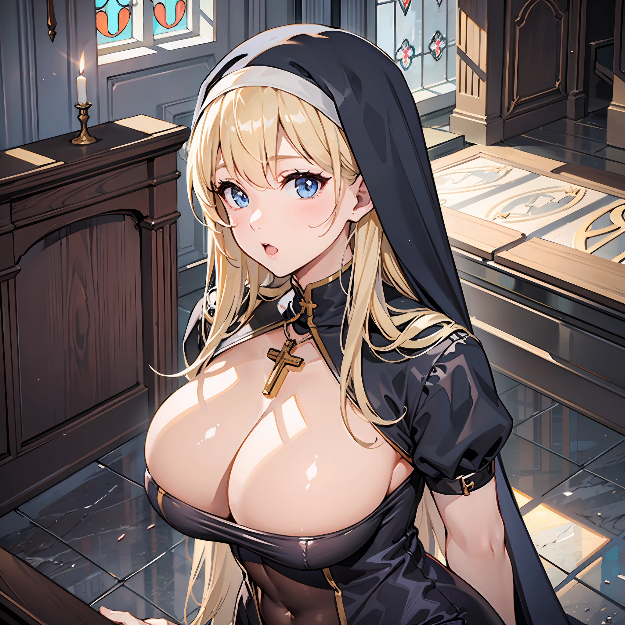 ​masterpiece, Top  Quality, ultra-definition, max resolution, A highly detailed, clean skin, the anime, Slender, extremely sexy, young face, a 18 year old girl, blue eyess, Blonde hair, Praying, Breasts sticking out of clothes, Tight-fitting belly clothes, Shameful, red face, church (chapel), altar, crucifixion, Cross Necklace, nun, enormous breast (tits huge, long breast), (breast curtains), black  dress, White-tip dress, veil, bandeau, Perspective from above, Order of the Order of the Order of the Thigh Garter, Choker, tight clothes, Chest strap, breast hollow,