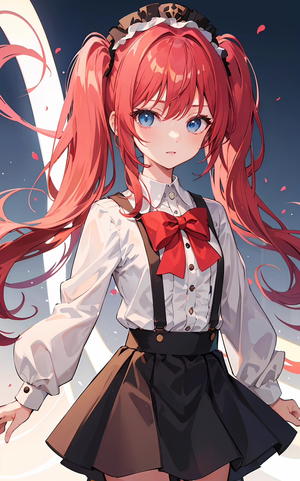 {{best quality}}, {{masterpiece}}, {{ultra-detailed}}, {illustration}, {detailed light}, red hair,blue eyes,twintails,lolita,Suspenders skirt,Fantastic,loli,solo,Dragon horns,little girl,long hair,