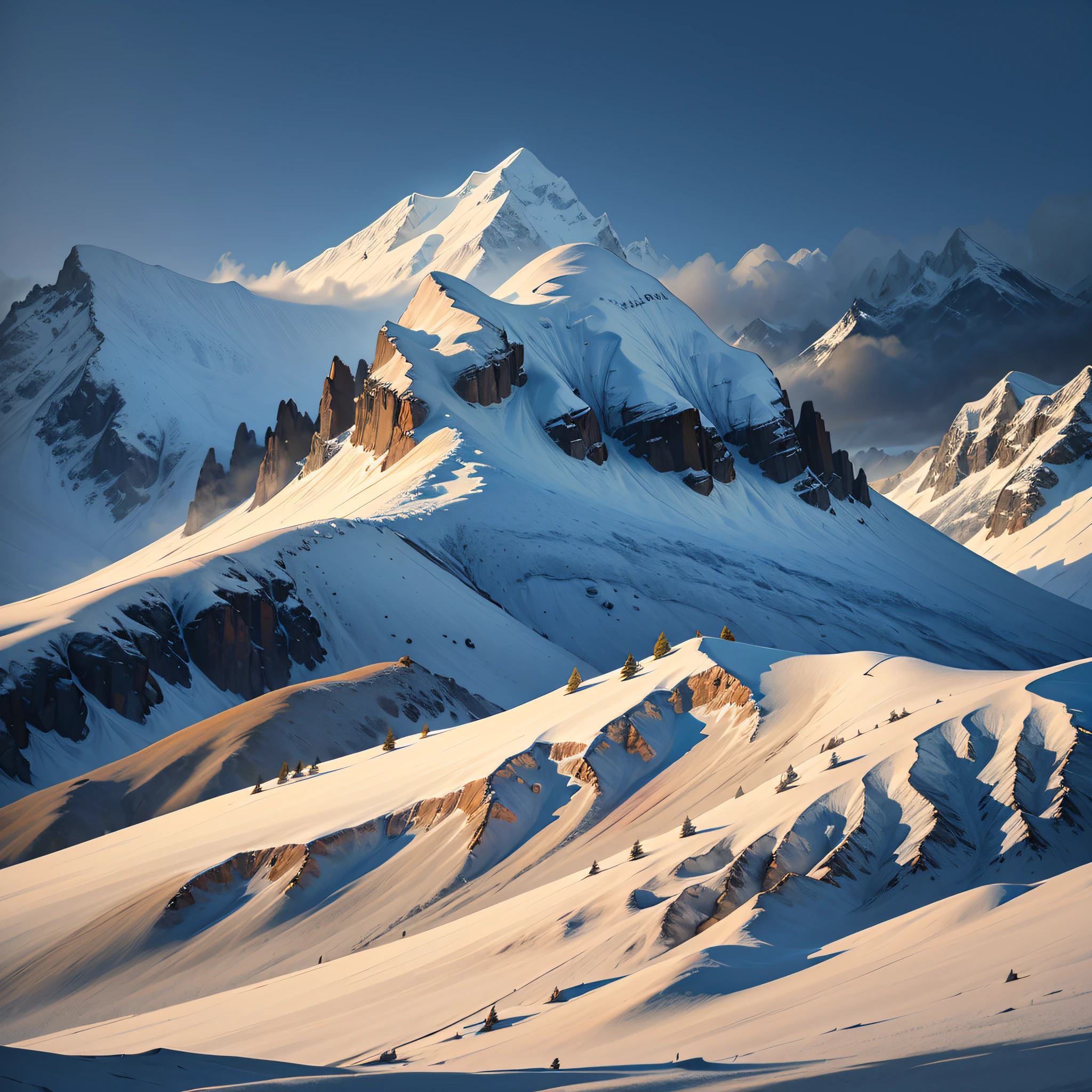 Snow-covered peaks,overcast day， snowy mountain landscape, Snowy mountains, game background，There are many peaks，snow landscape，