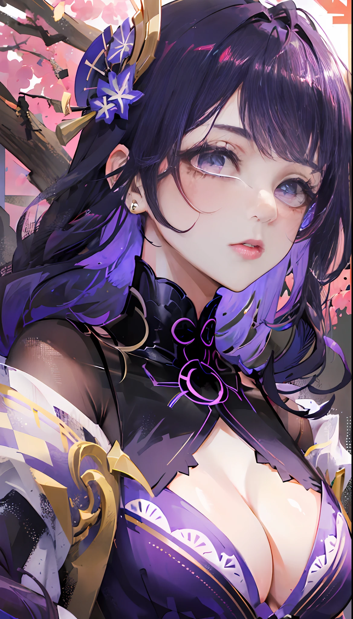 美丽细致的眼睛,Gradient hair,Hair between the eyes,GSHead ,Purple hair, Genshin_impact,((Serious expressions)), Woman black and purple with dots background,looking at the viewer only((HighestQuali,tmasterpiece,4K,finedetail,Detailed eyes,Complicated details)),((Pale skin,purpleglowing eyes eyes,Sexy red lips)),1girll,Solo Woman,((Genshin_impact)),light particules,Purple thunderbolt,Bright background,the cherry trees,sunny clear sky,purple color-theme,Delicate facial features,Sexy beautiful girl,Raiden general,Long purple hair,Detailed eyes,busty figure,buliding,Complete limbs