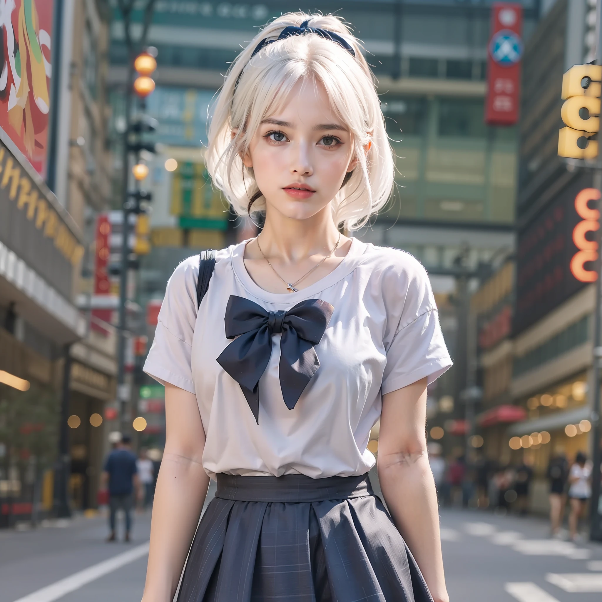 Bigchest，in pink(8k, RAW photo, best quality, mastery:1.3),(realistic,photo-realistic:1.37),(night),(looking viewer:1.331),(white hair),posing,Tokyo street,nightcityscape,cyberpunk city ,softlighting,1girl,Beautiful face,chest circumference,putdownhands,Casual hairstyle,The expression is casual,largeeyes,,Alvine,(l Short sleeve JK_sailors),JK_style,(Navy JK_skirt),(Bow JK_tiese),mix4