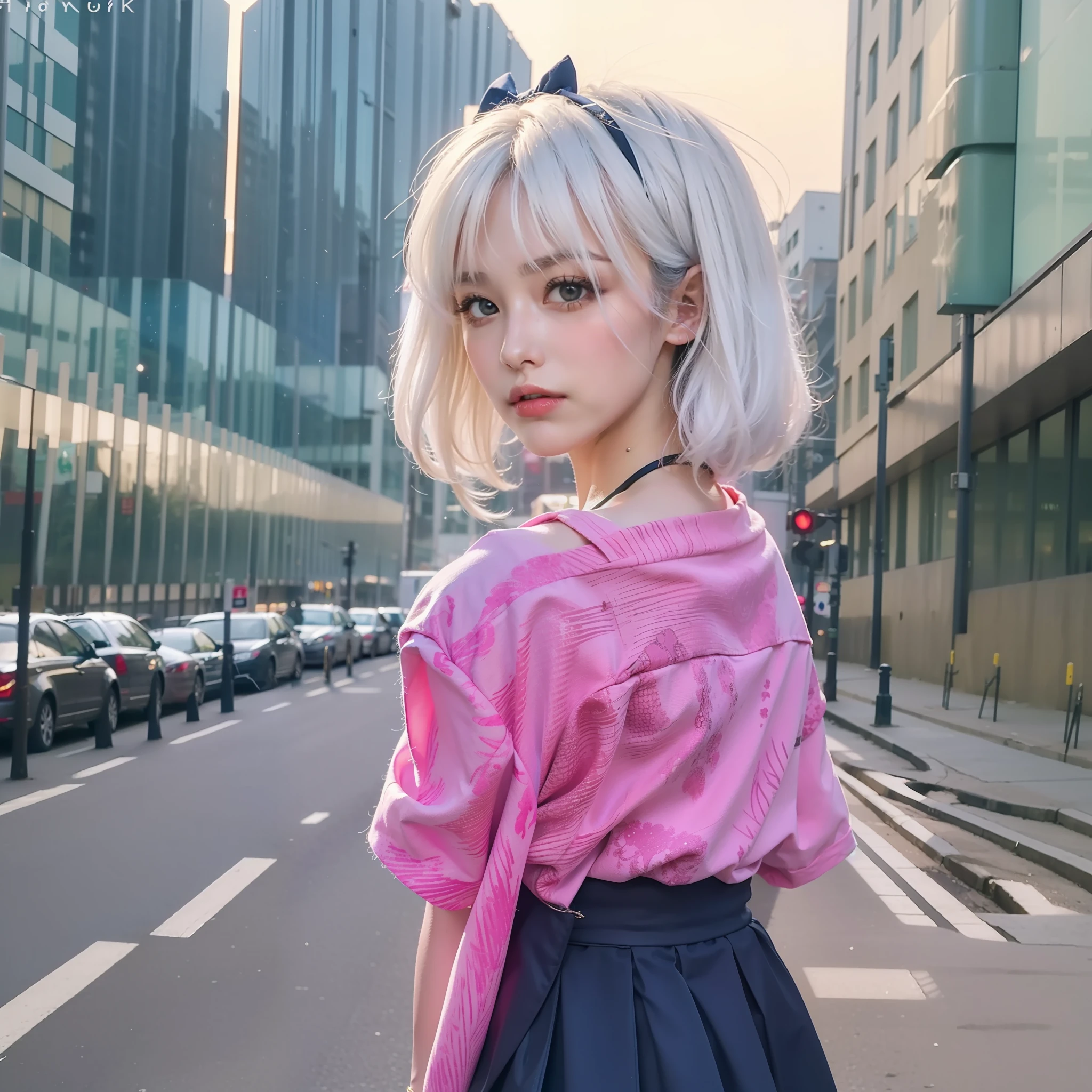Bigchest，in pink(8k, RAW photo, best quality, mastery:1.3),(realistic,photo-realistic:1.37),(night),(looking viewer:1.331),(white hair),posing,Tokyo street,nightcityscape,cyberpunk city ,softlighting,1girl,Beautiful face,chest circumference,putdownhands,Casual hairstyle,The expression is casual,largeeyes,,Alvine,(l Short sleeve JK_sailors),JK_style,(Navy JK_skirt),(Bow JK_tiese),mix4