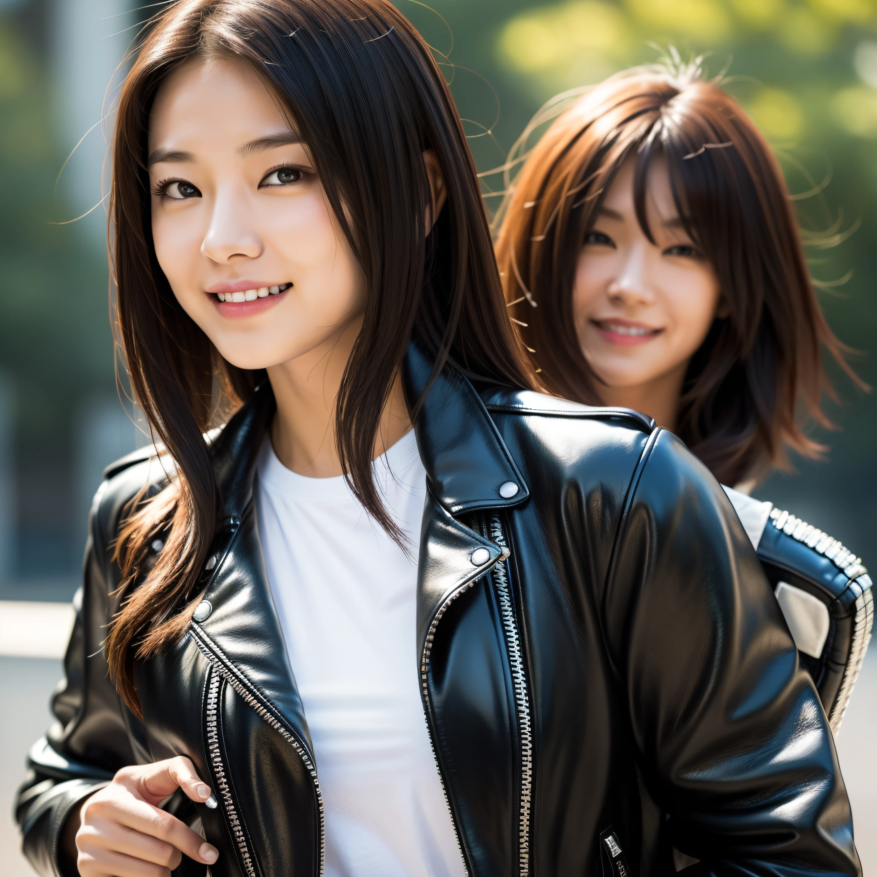 ultra-detailed, 1 girl, Asian, athletic body, realistic skin texture, long hair, (breasts:0.9), smile, gaze at viewer, motorcycle, leather jacket, cotton T-shirt, no helmet, movie lighting, face focus, fine eyes, finerly detailed face, well lit face, sunny day