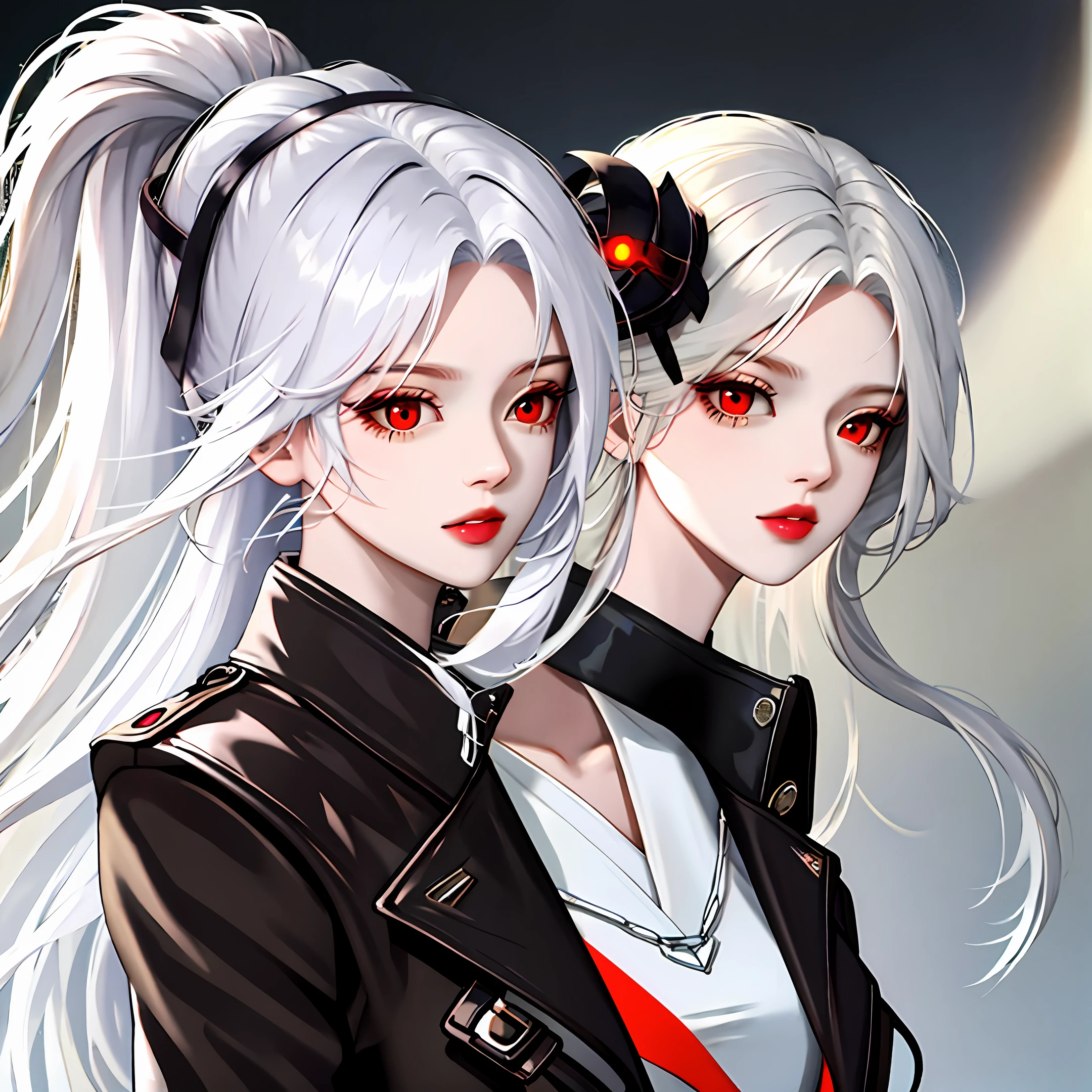 White hair, red eyes, high ponytail, black trench coat, Korean slender