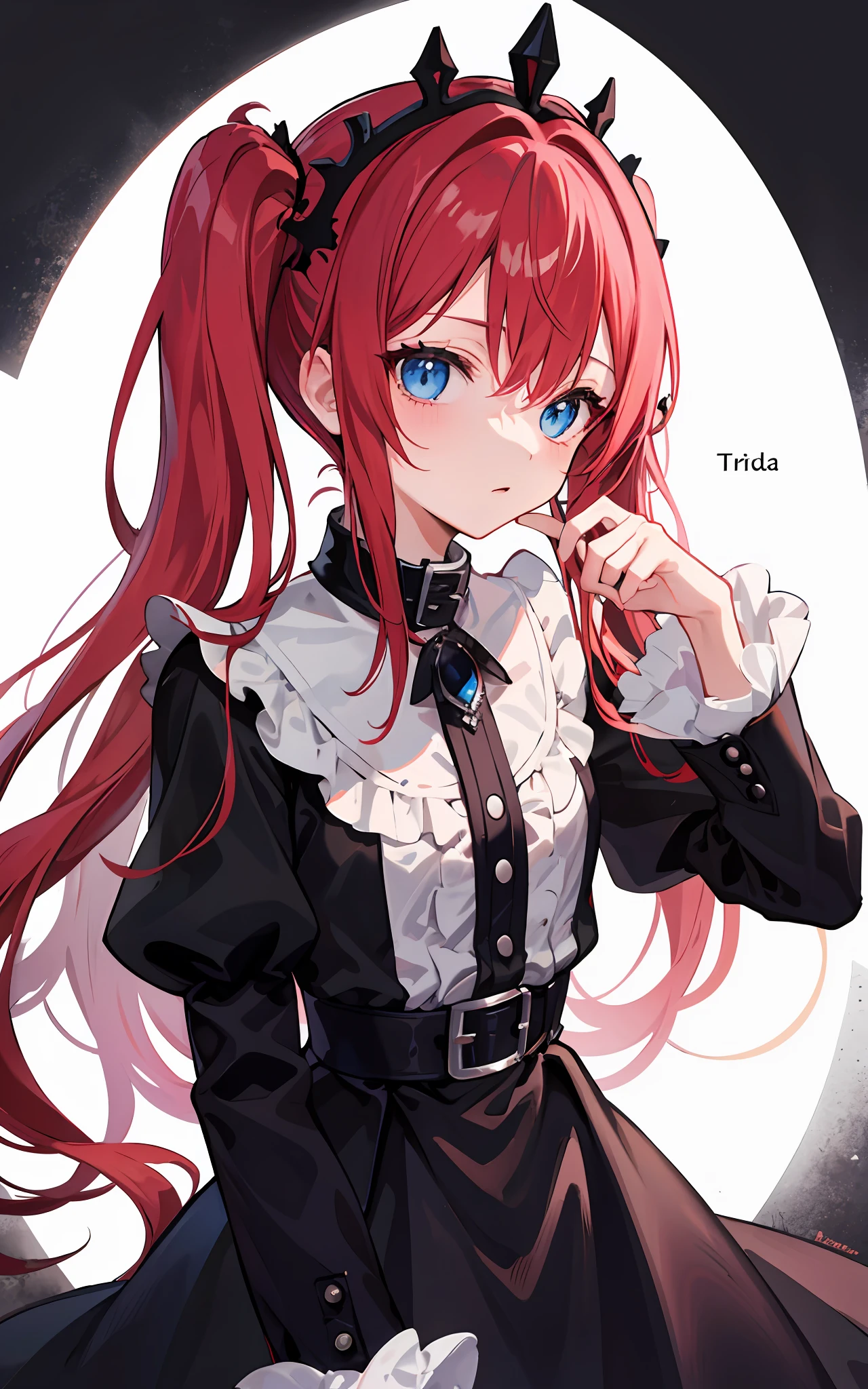 {{best quality}}, {{masterpiece}}, {{ultra-detailed}}, {illustration}, {detailed light}, Red hair, Blue eyes, twintails, Goth Lolita, Darkgoth, Collar,Crown tiara,pride,solo,loli,Long hair,