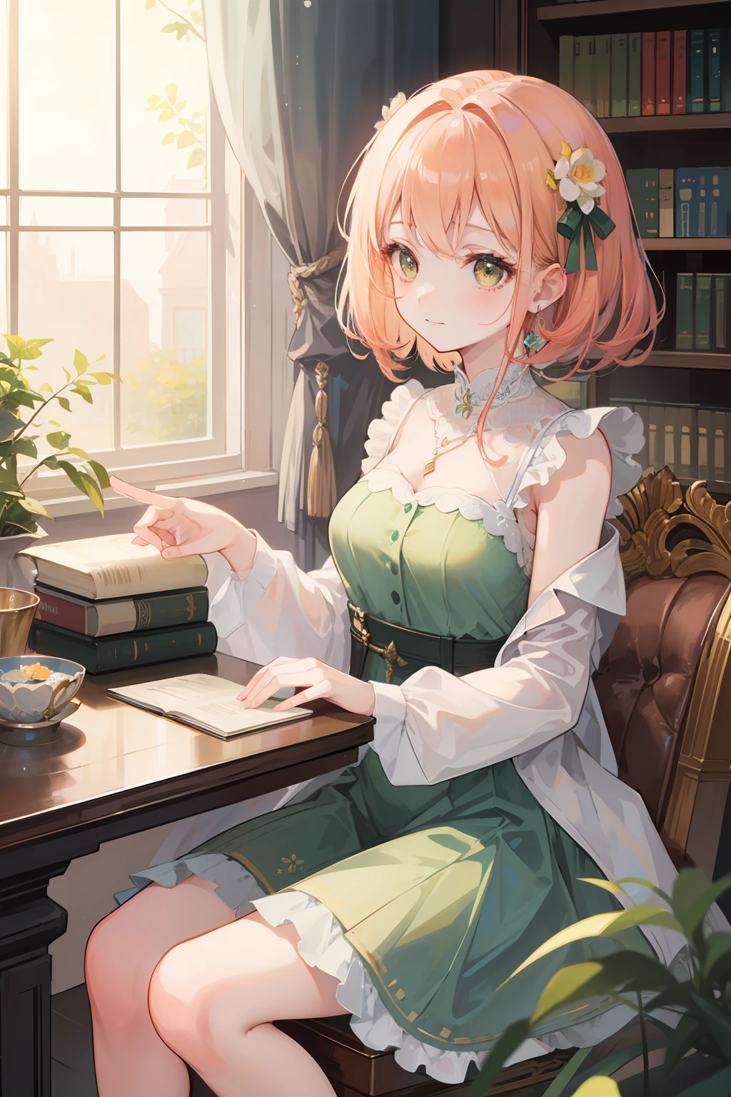 1 girl in、Peachy Hair、Golden eyes、Reading a book、atlibrary、Warm light、Beautiful depiction、Gentle smile、View from the side diagonally、sitting on、beautifull hands、delicate finger、Light Green Party Dress、((High resolution of the highest quality))、(Masterpiece Highest Quality:1.2)