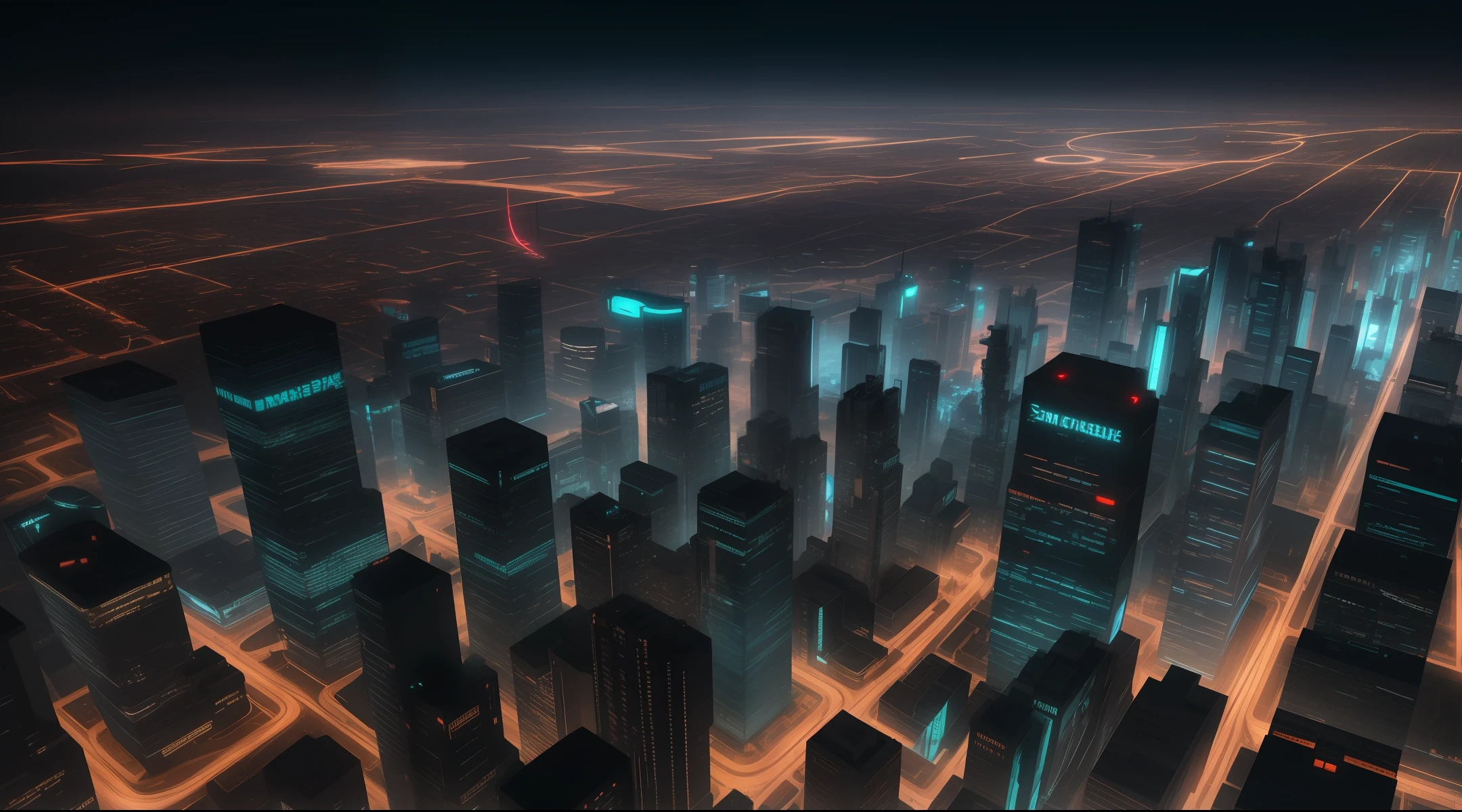 A cyberpunk-style futuristic city at night from above