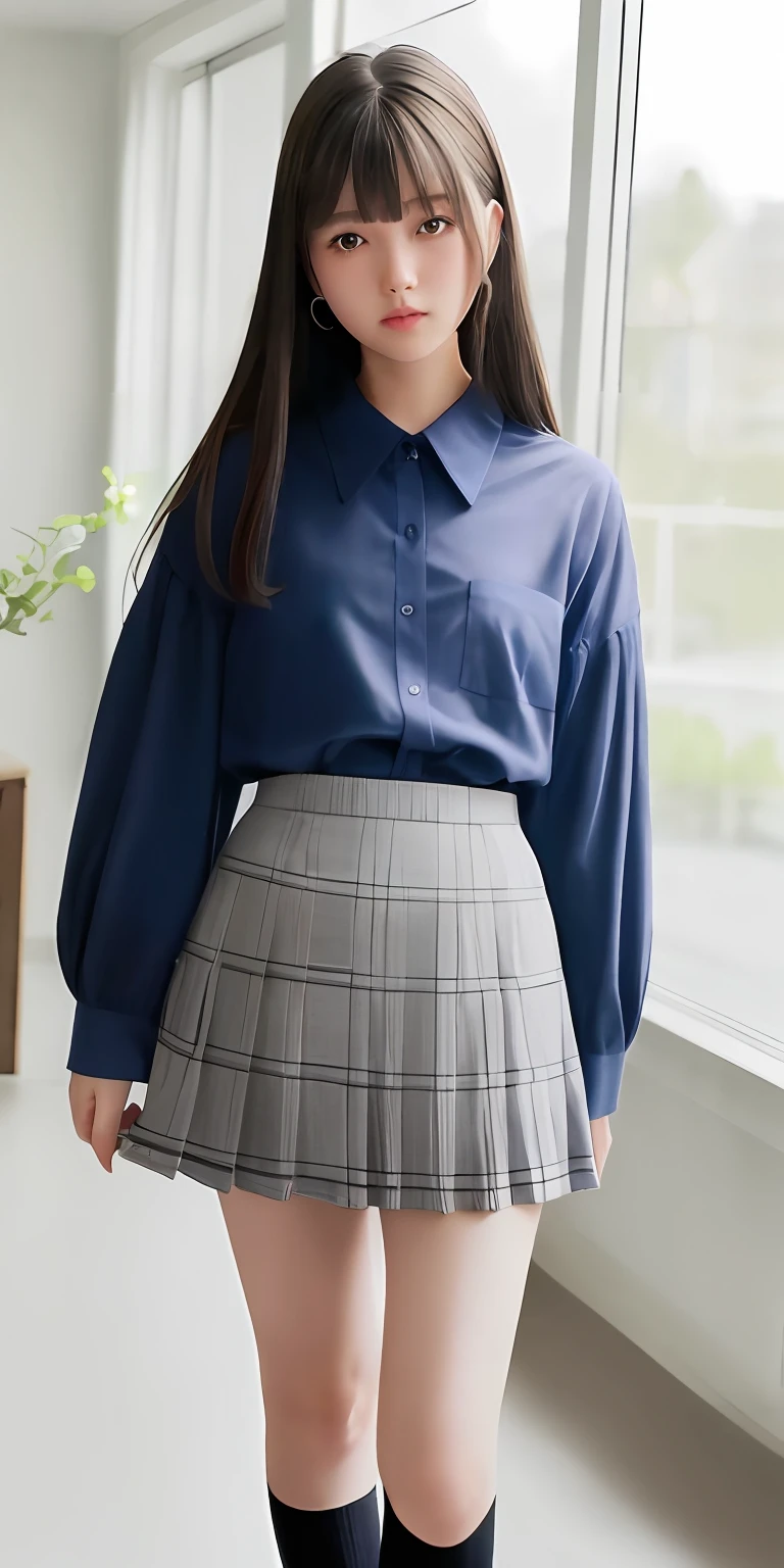 (8K, RAW Photo, Best Quality, Masterpiece: 1.2), (Realistic, Photorealistic: 1.37), Best Quality, Ultra High Resolution, Photon Mapping, Radiosity, Physically Based Rendering, Blurred, Foreground, Depth of Field, Blurry Background, Photo_\ (Medium), Motion Blur, Girl, (Full) Body), Long Legs, Thin Legs, Long Hair, Bangs, (Bangs visible), hair_ornament, Lips, Hair clip, Solo, blue_eyes, Nosesoft, China, White shirt, Grey plaid pleated skirt, Sheer clothing, Black loafers, Thigh Hai, Black cotton socks,